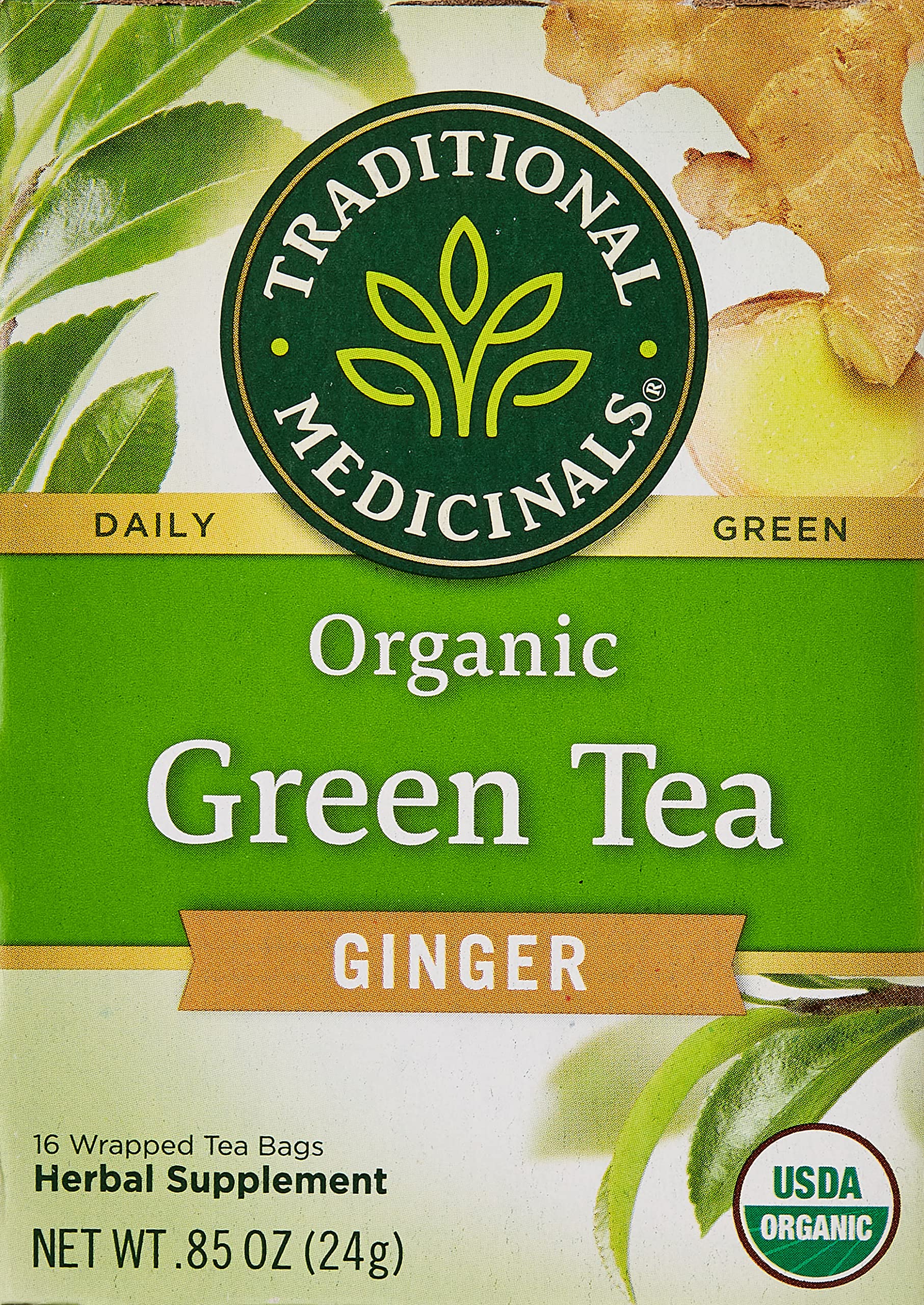 Organic Green Tea with Ginger | 16 Tea Bags | Astringent Green Tea with Spicy Ginger | Caffeine Free