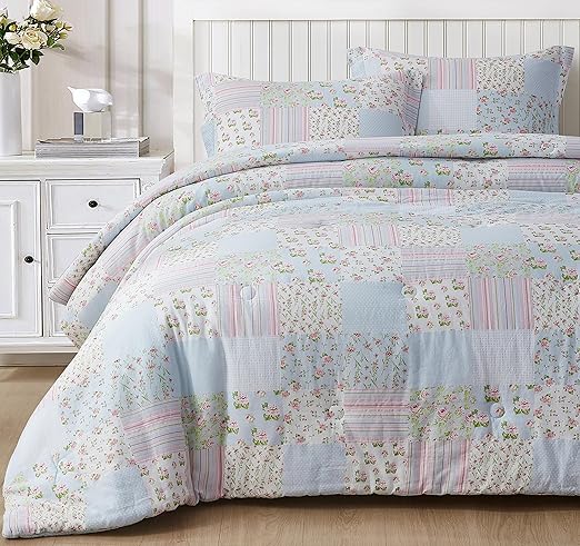 Chezmoi Collection Holly 3-Piece Washed Cotton Comforter Set Full Size - Floral Bedding Set Blue White Pink Green Polka Dot Printed Patchwork Reversible Lightweight Comforter for All Season