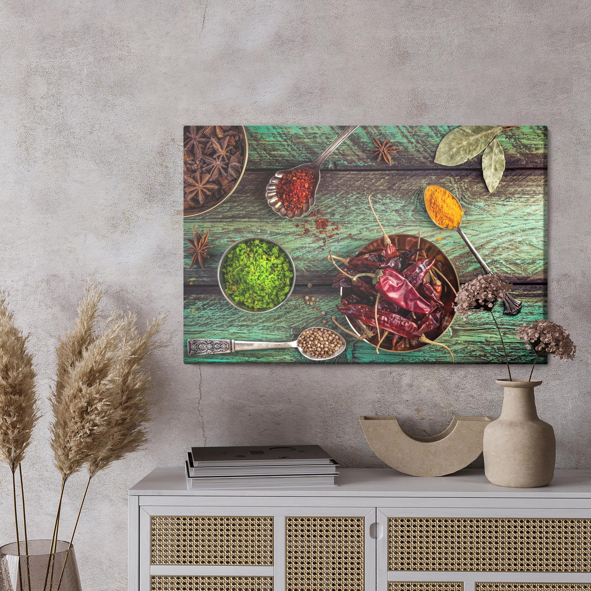 WALLERO Leinwandbild Orientalische Gewürze – Moderne Wanddeko & Kunstdruck | Wandbilder für Wohnzimmer Schlafzimmer Küche Flur | XXL Leinwandbilder auf hochwertiger Fotoleinwand 90x60