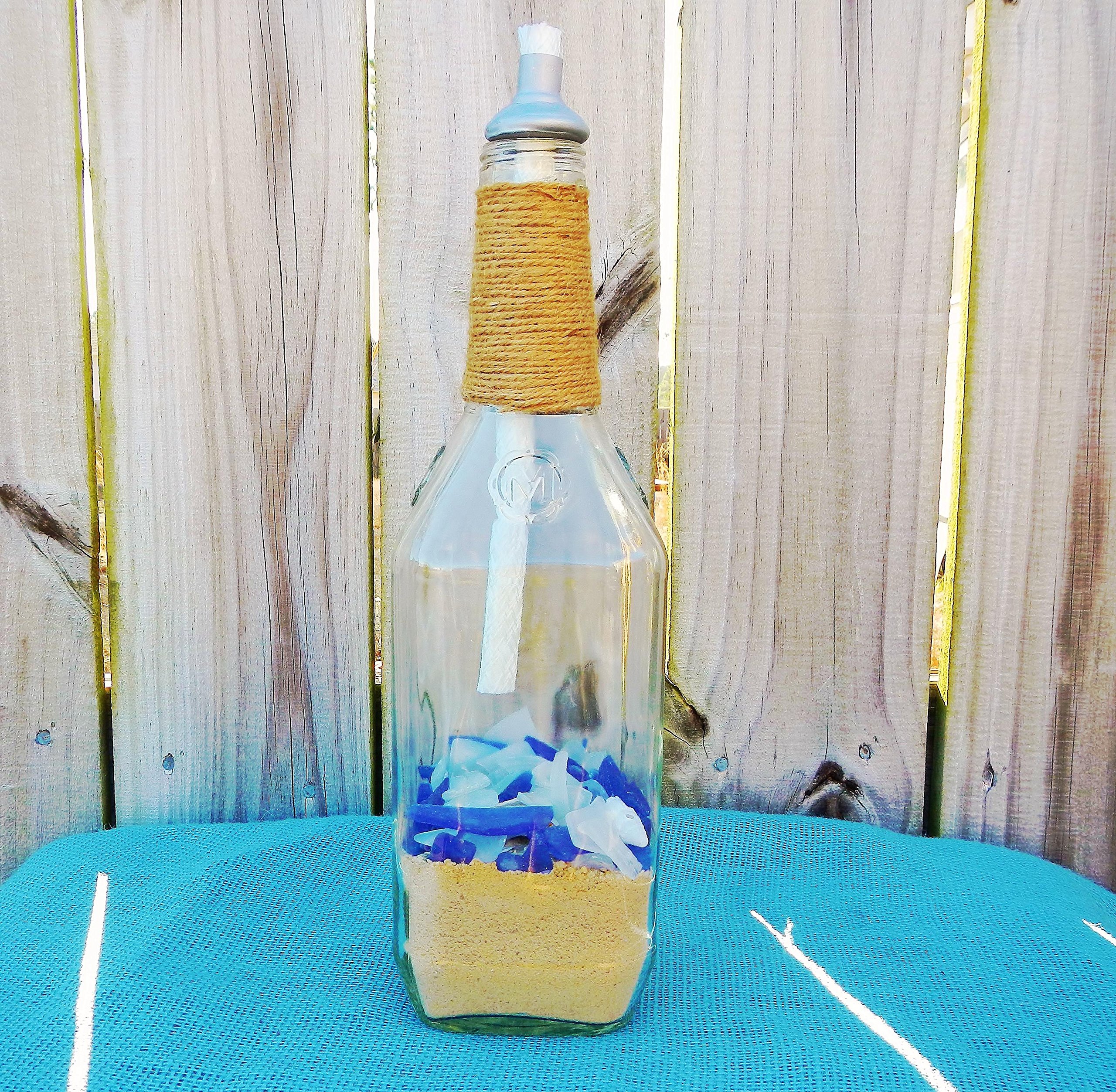 Tiki Torch Wine Bottle with Sea Glass and Sea Shells