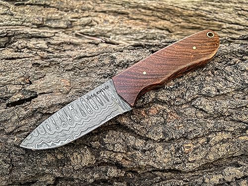 Miniatura 2 de SUSA KNIVES Cuchillo de caza de hoja fija de espiga completa con funda de cuero hoja de acero de Damasco sólida y afilada cuchillo de caza de