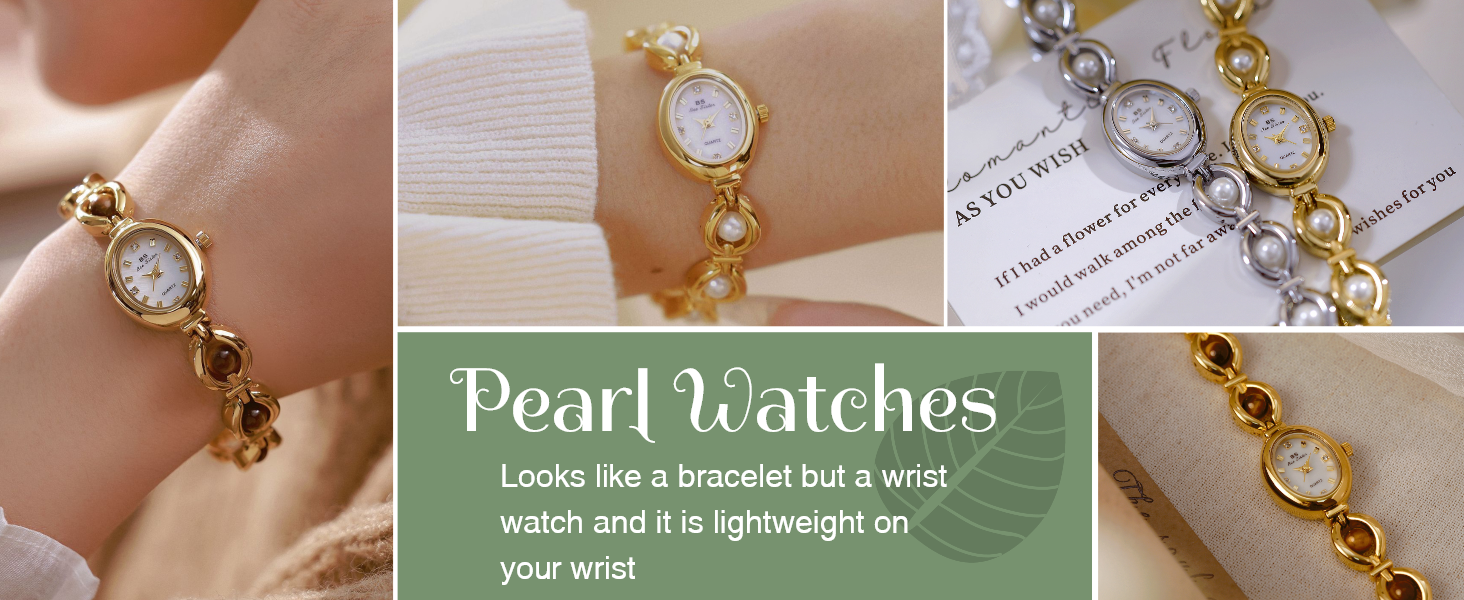 Gold Pearl Bracelet Watch Elegant Dress Watch Crystal Dial Timepiece Gold Adjustable Pearl Bead Timepiece Watch | Caitlyn Minimalist main image 3