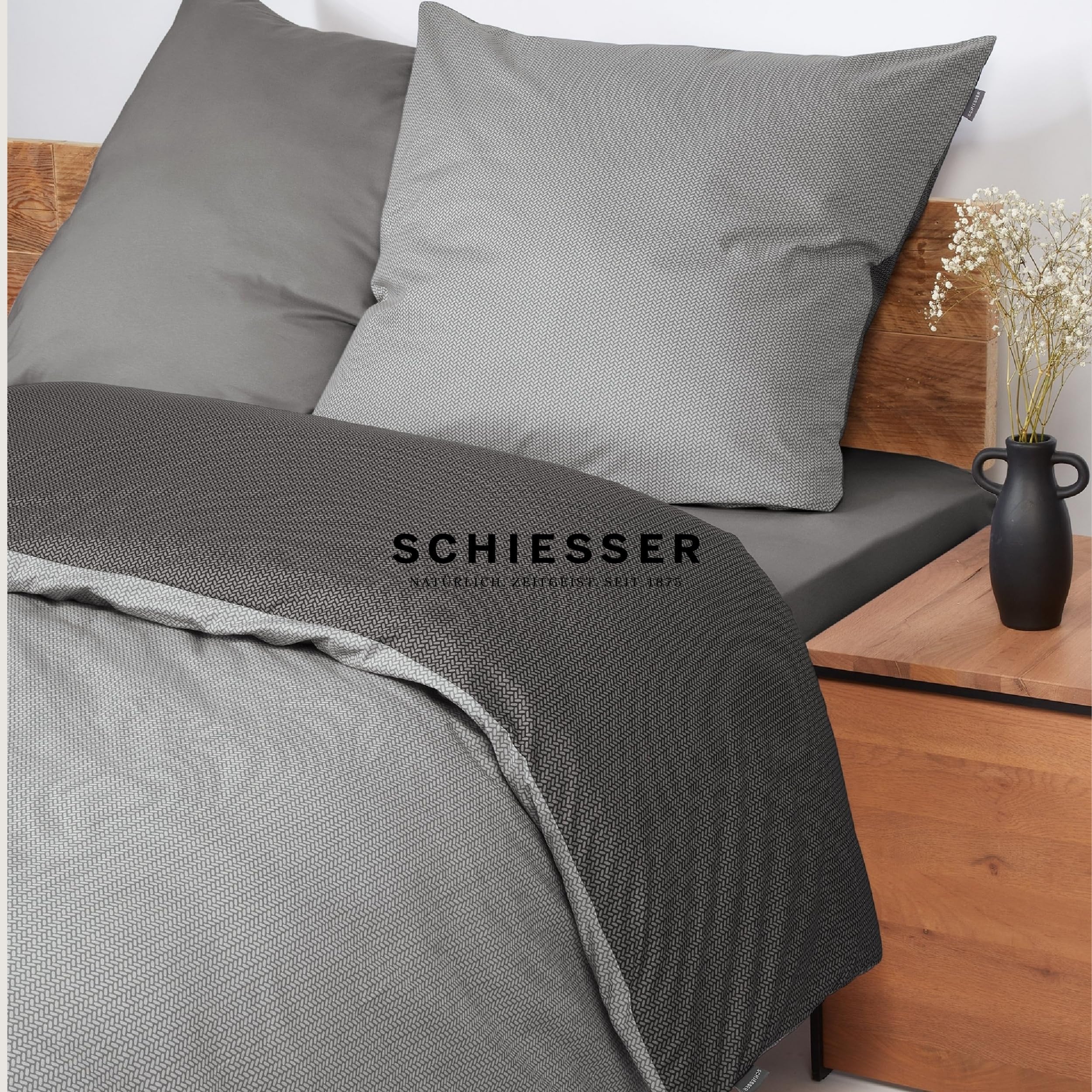 Schiesser Bettwäsche 135x200 cm | 100% Baumwolle | Grau | Strickoptik | 2-teilig | Renforcé | 135x200 cm + 80x80 cm | angenehm weich & glatt | pflegeleicht & atmungsaktiv | OEKO-TEX® MADE IN GREEN