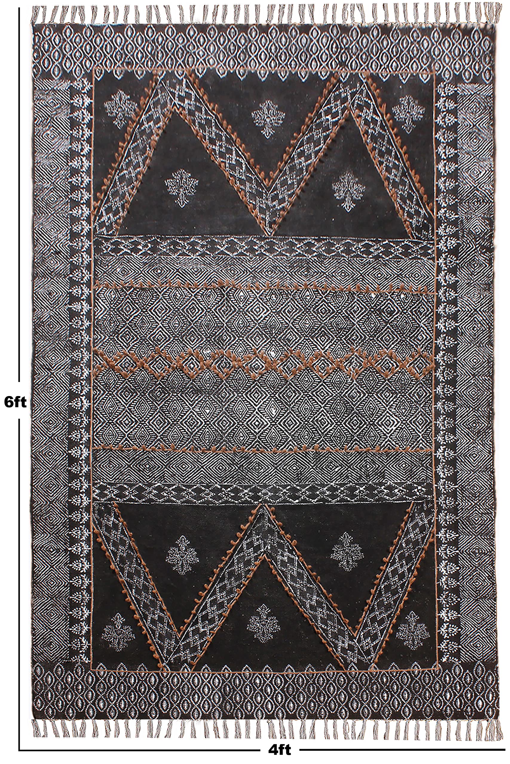 Tappeto da bagno in cotone intrecciato a mano con nappe stampa a blocchi di mano, tappetino per interni Boho per camera da letto, soggiorno, lavanderia