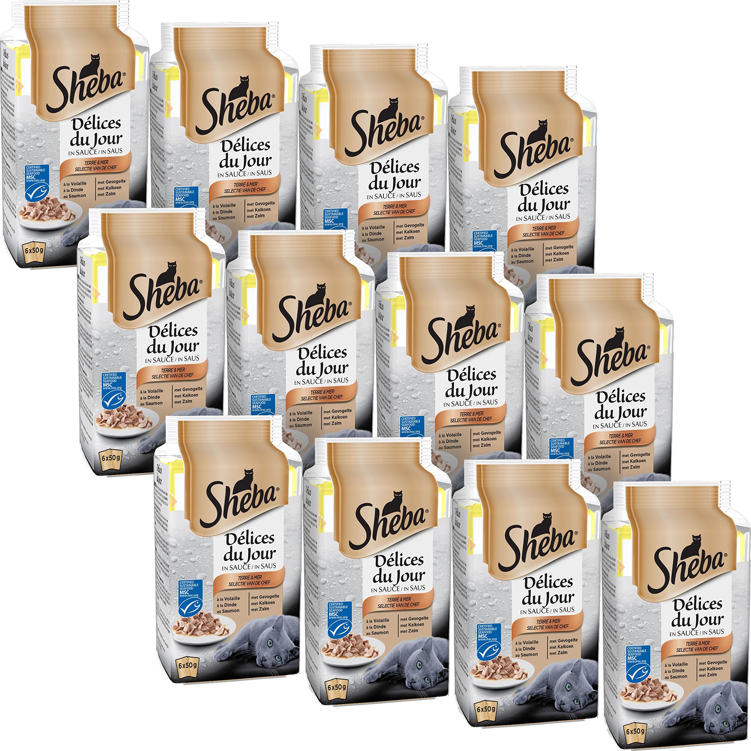 Mars Sheba Délices du Jour – Nourriture Humide pour Chat Adulte - Sélection Terre et Mer en Sauce – Sachets Fraîcheur 72 x 50g