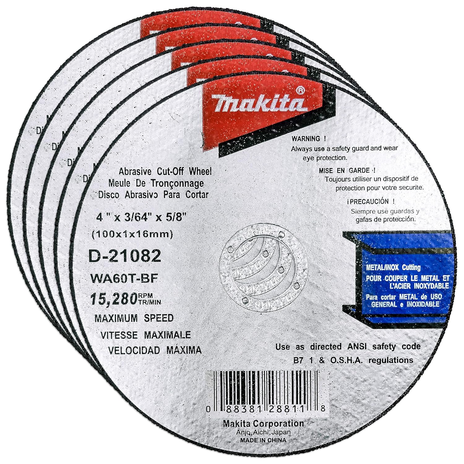 Makita 5 Pack - 4 Inch Cut Off Wheels For 4" Grinders - Aggressive Cutting For Metal & Stainless Steel - 4" x .045" x 5/8"