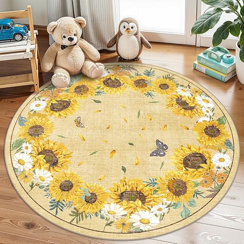 BYYVOO Soft Round 4ft Sunflower Rug