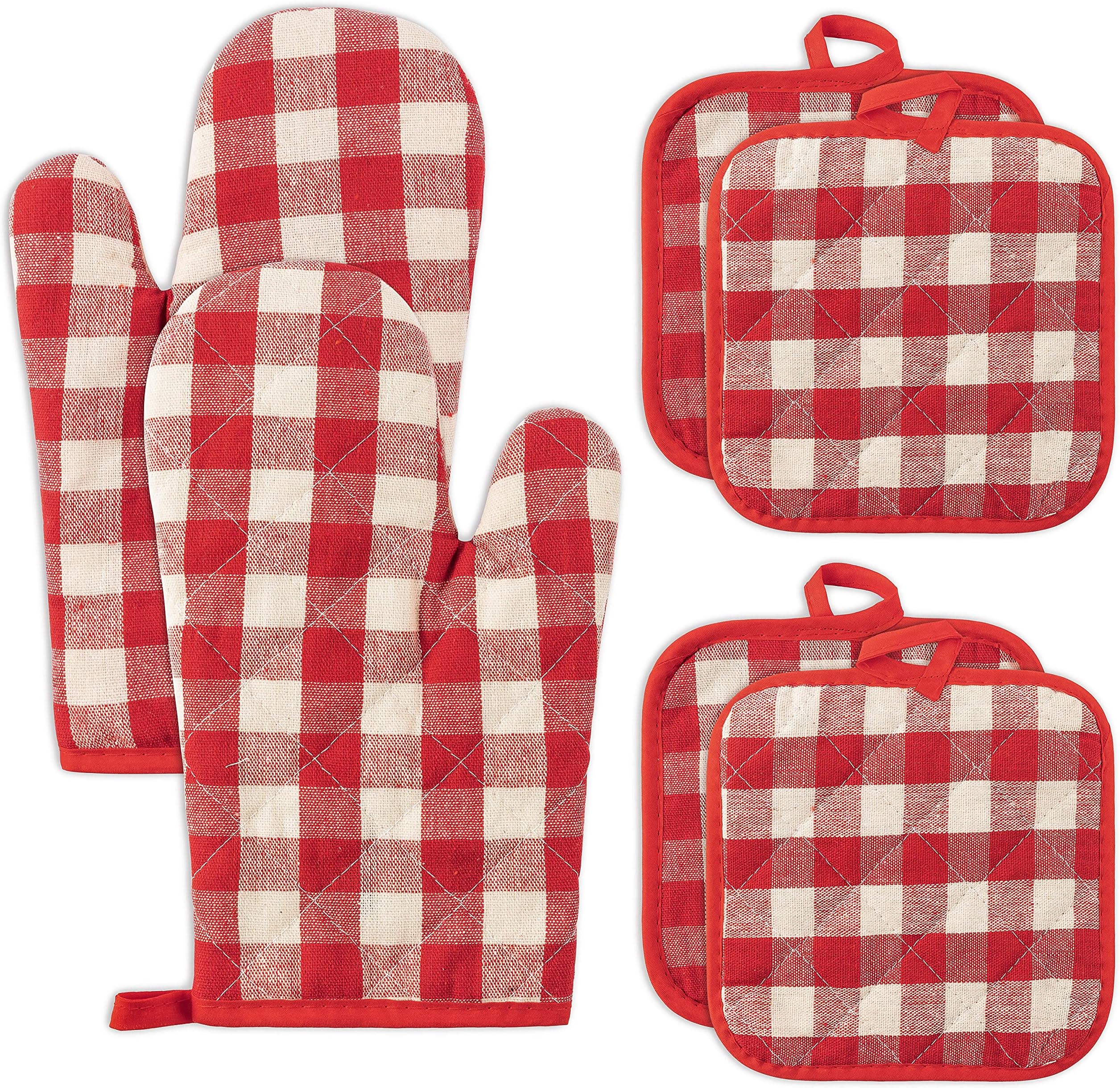 GROBRO7 6Pcs Buffalo Check Plaid Oven Mitts and Pot Holders Set Cotton Linen Heat Resistant Potholders Washable Durable BBQ Gloves with Hanging Loop for Safe Kitchen Baking Cooking Grilling White&Red