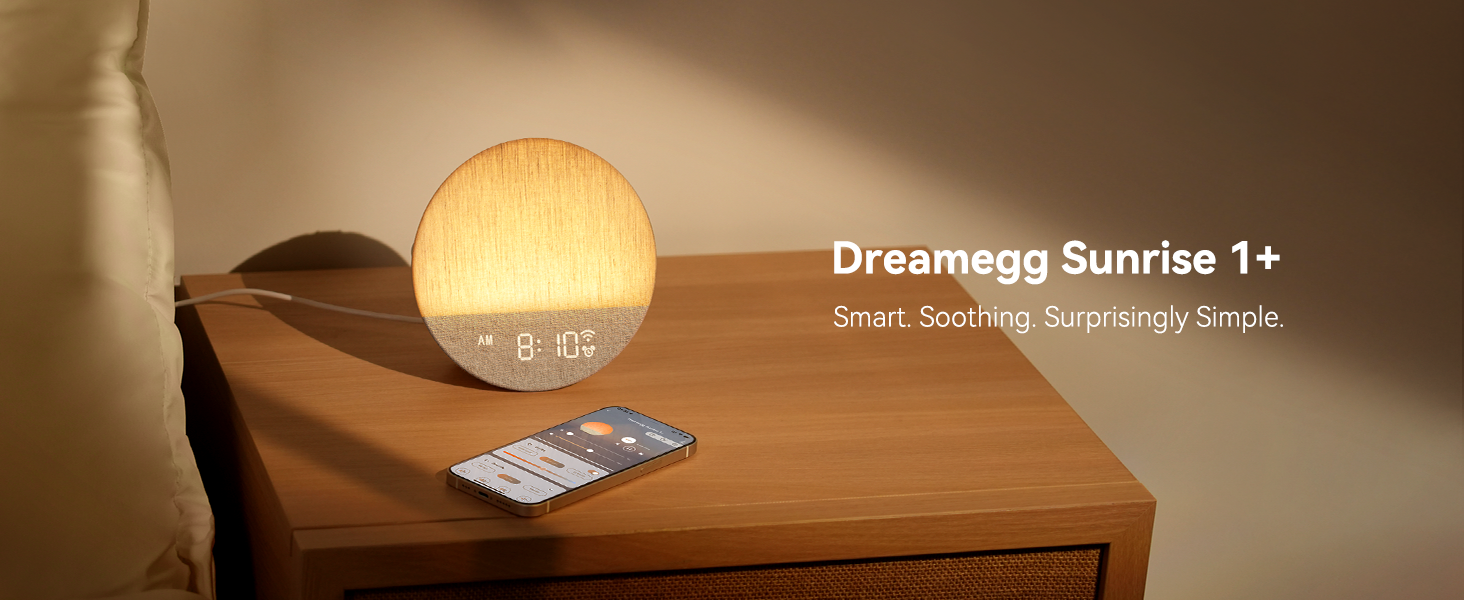 Dreamegg Sunrise 1 - Reloj despertador Sunrise, máquina de sonido para dormir, rutinas de sueño personalizables, luz nocturna regulable, 29 sonidos relajantes, máquina de ruido blanco, luz de