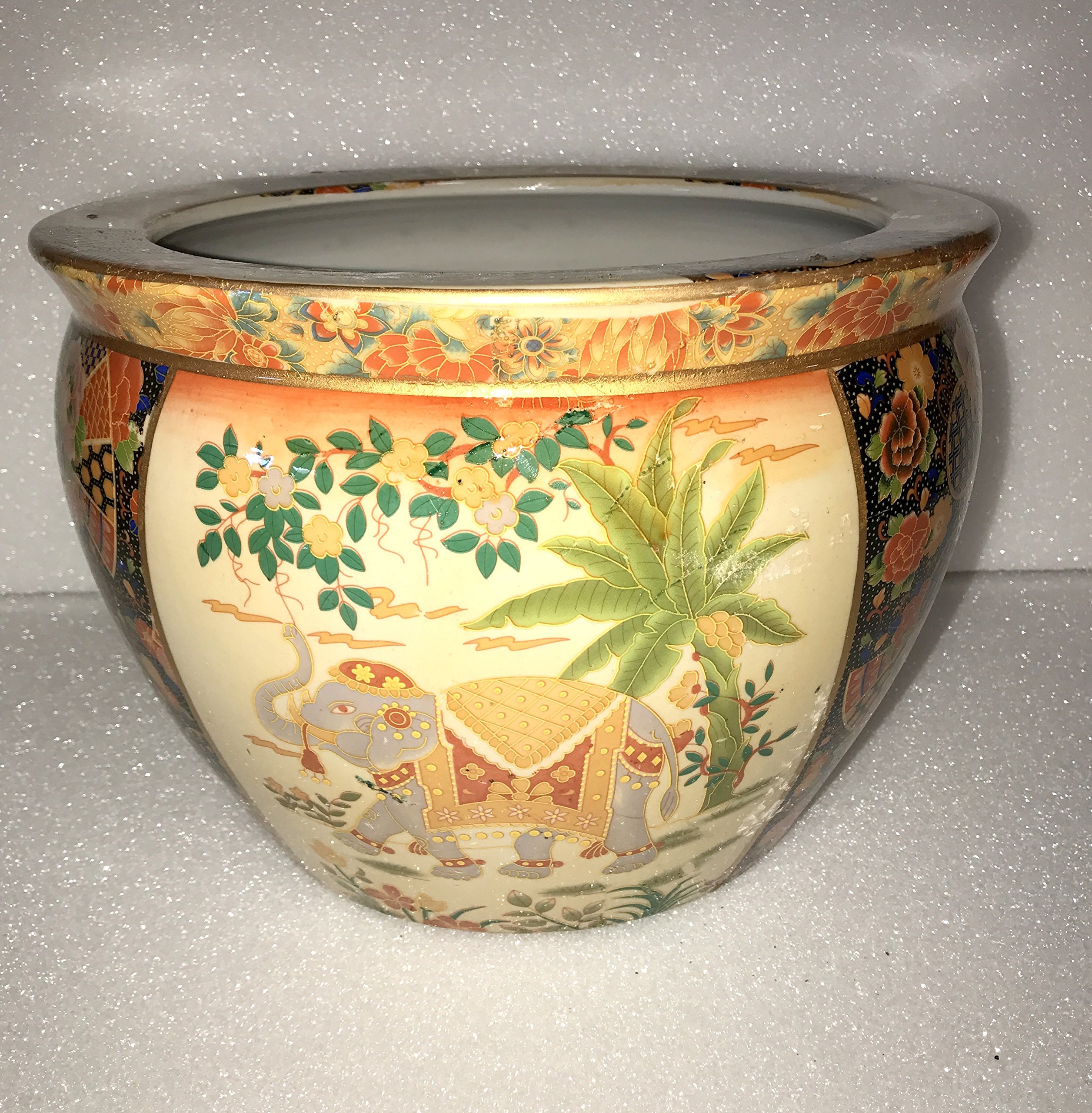 New 14" Oriental Asian Elephant Themed Fish Bowl Jardiniere Planter