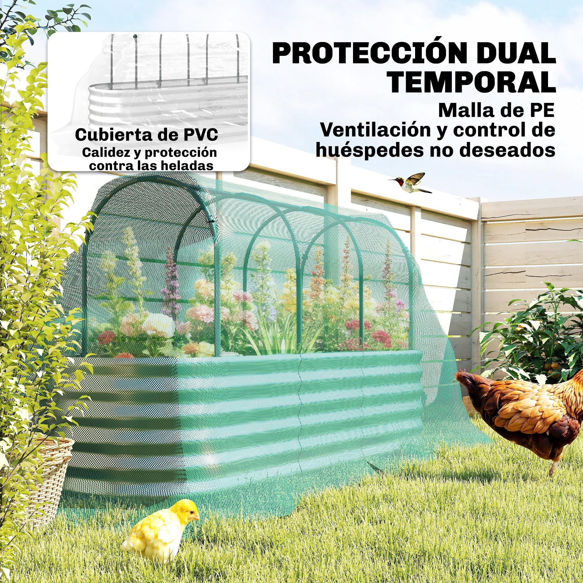 Outsunny Jardinera Exterior Grande con Cubierta de Invernadero y Malla, Huerto Urbano de Acero Galvanizado con Fondo Abierto, Resistente a la Intemperie, para Patio, Terraza, 200x60x103 cm, Plateado