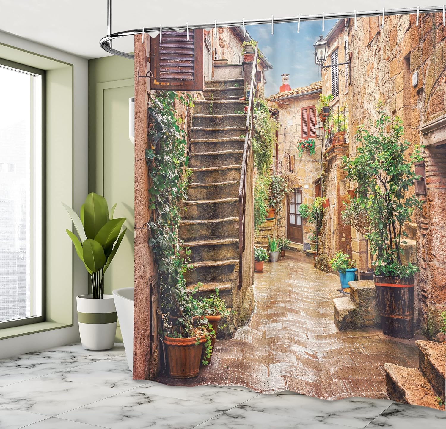 Ambesonne Italian Shower Curtain, View of Old Mediterranean Street Stone Rock Houses in Italy City Rural Print, Cloth Fabric Bathroom Decor Set with Hooks, 69" W x 70" L, Camel Hunter Green 69" W x 70" L Camel Hunter Green