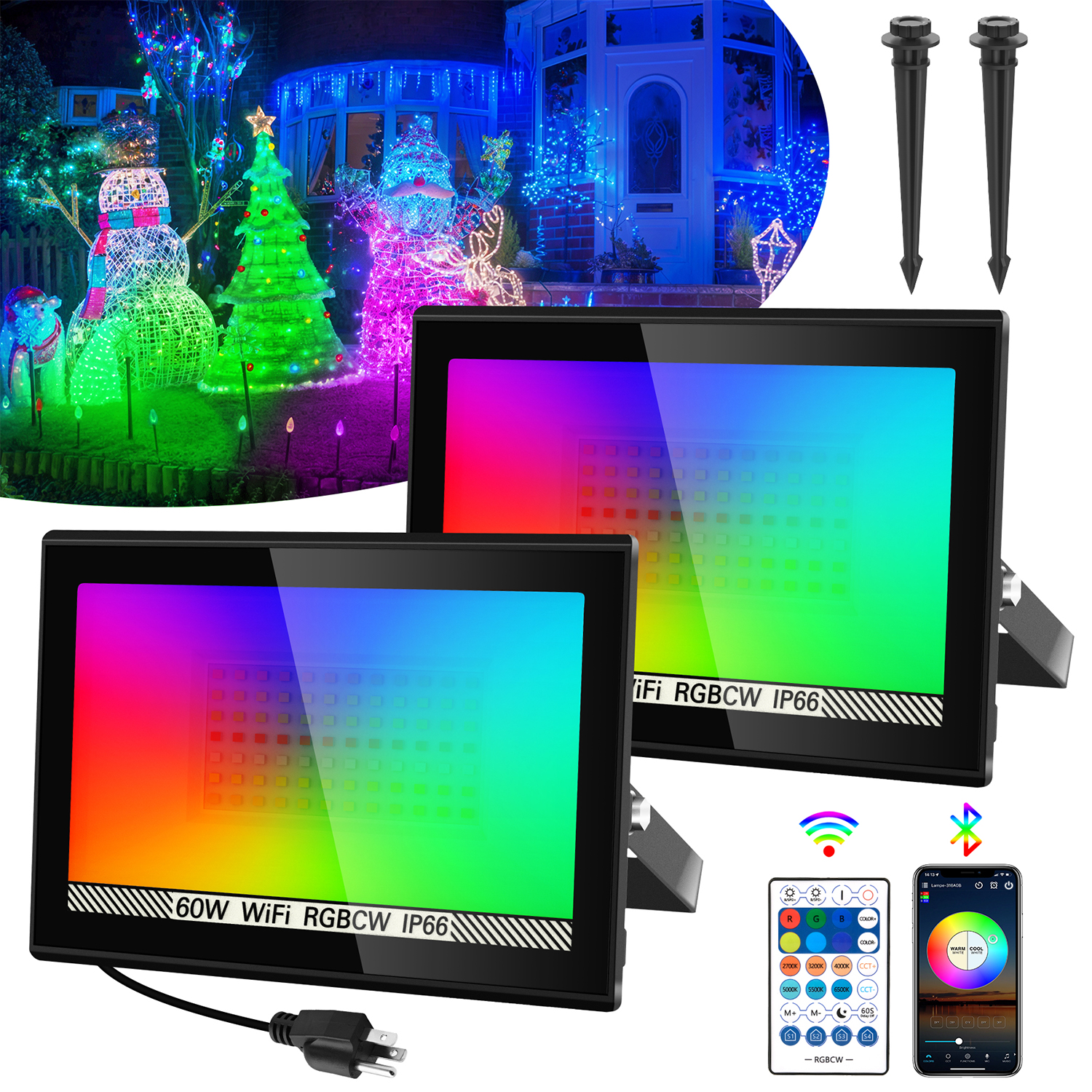 Image of T-SUN RGB Flood Lights Outdoor, 600W Equivalent Color Changing Landscape LED Light with APP Control, Waterproof Floodlight with 16 Million Colors, Timing, Music Sync (RGB-APP Control, 60W-2Pack)