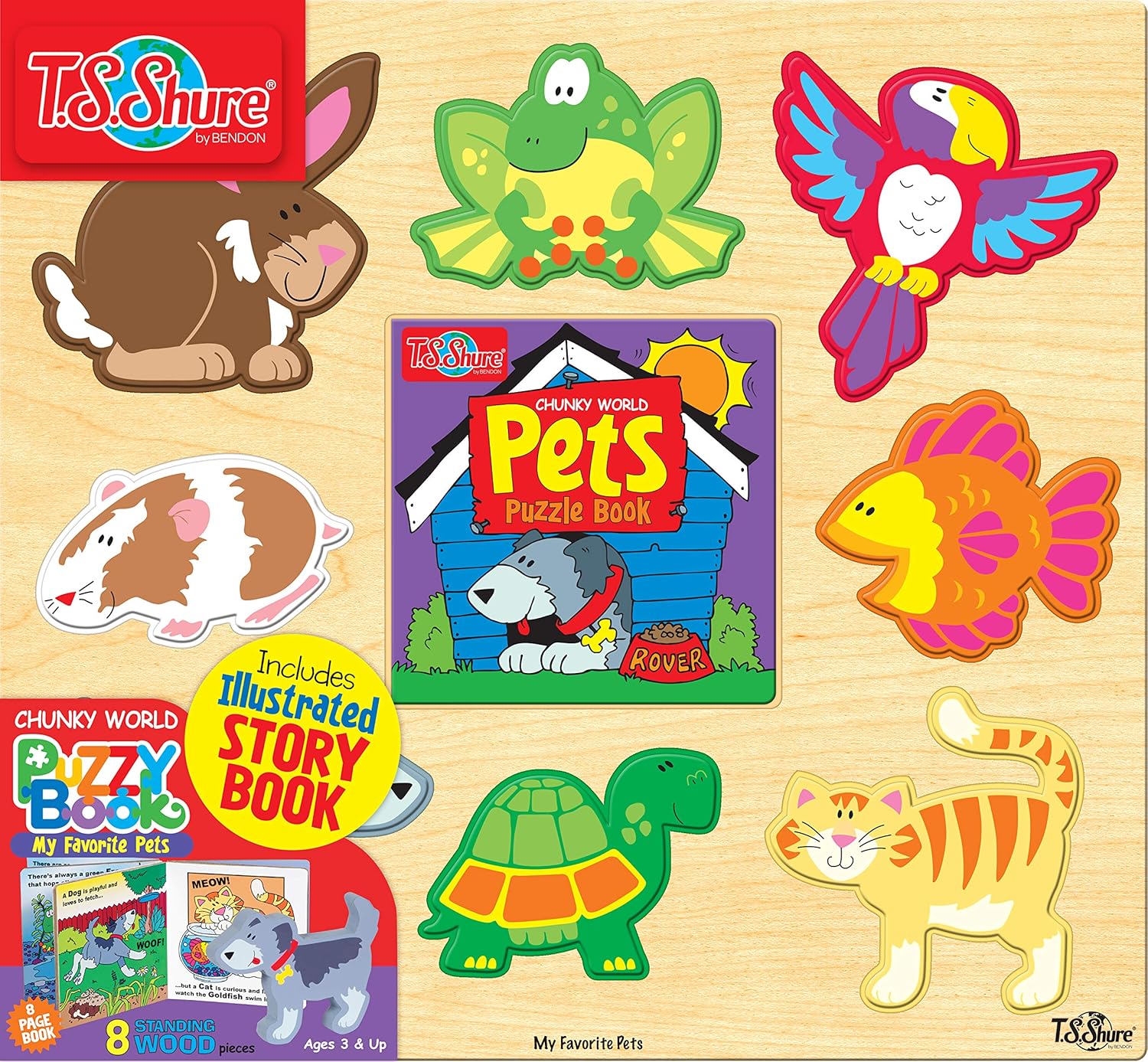 TS Shure by Bendon Animals Pets Chunky 8-Piece Puzzle with Board Book and Wooden Tray Pre-School Learning51469