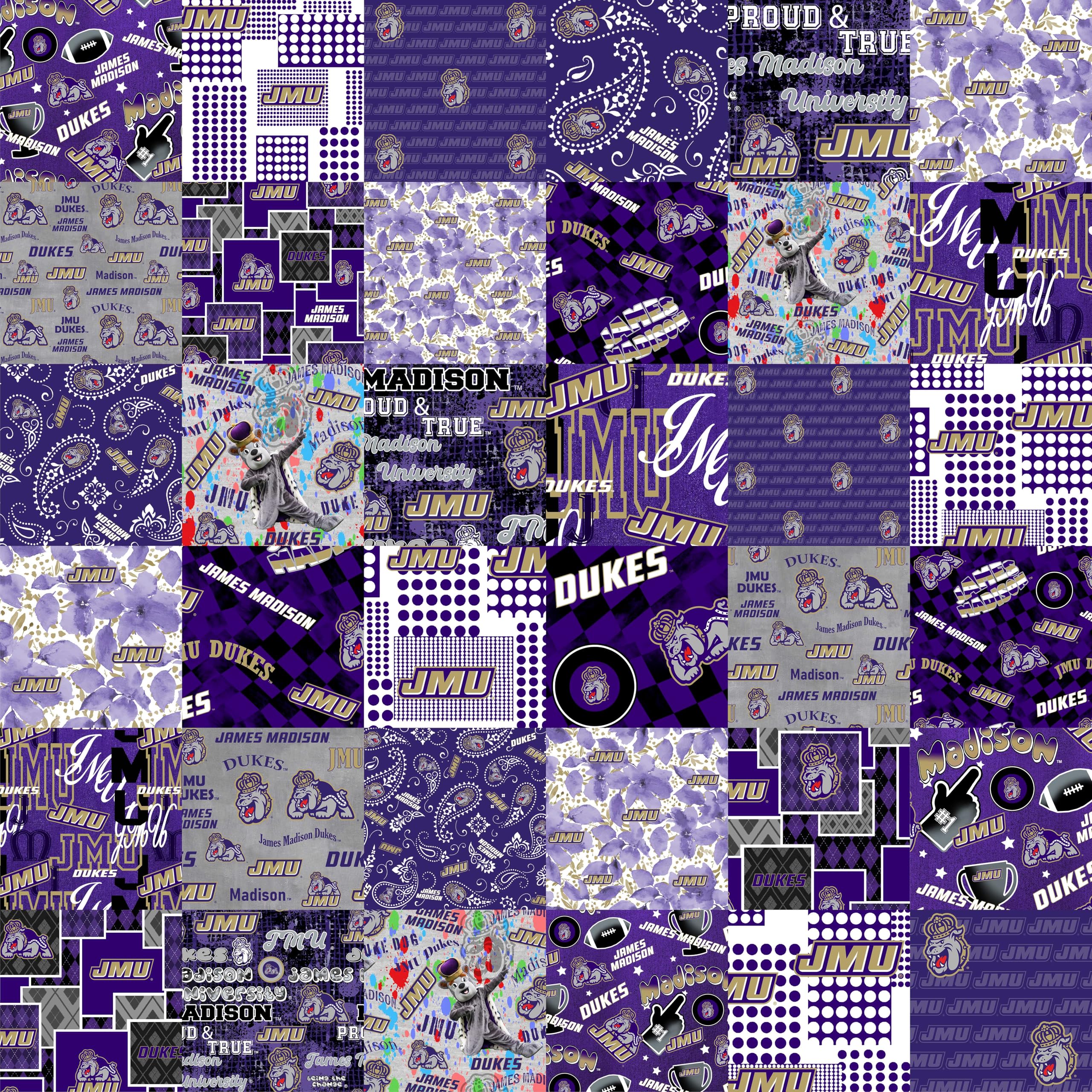 SYKEL ENTERPRISESOfficial Licensed James Madison University Cheater Quilt Printed Cotton Fabric-JMU Dukes Cotton Fabric with Patchwork Cheater Quilt Print-60” Width