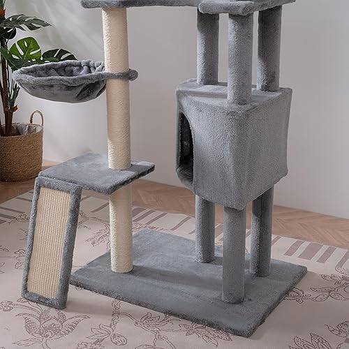 Miniatura 7 de JINTANGLI PET Árbol moderno para gatos, torre grande de varios niveles para gatos con condominio y cesta colgante, árbol alto para gatos con postes