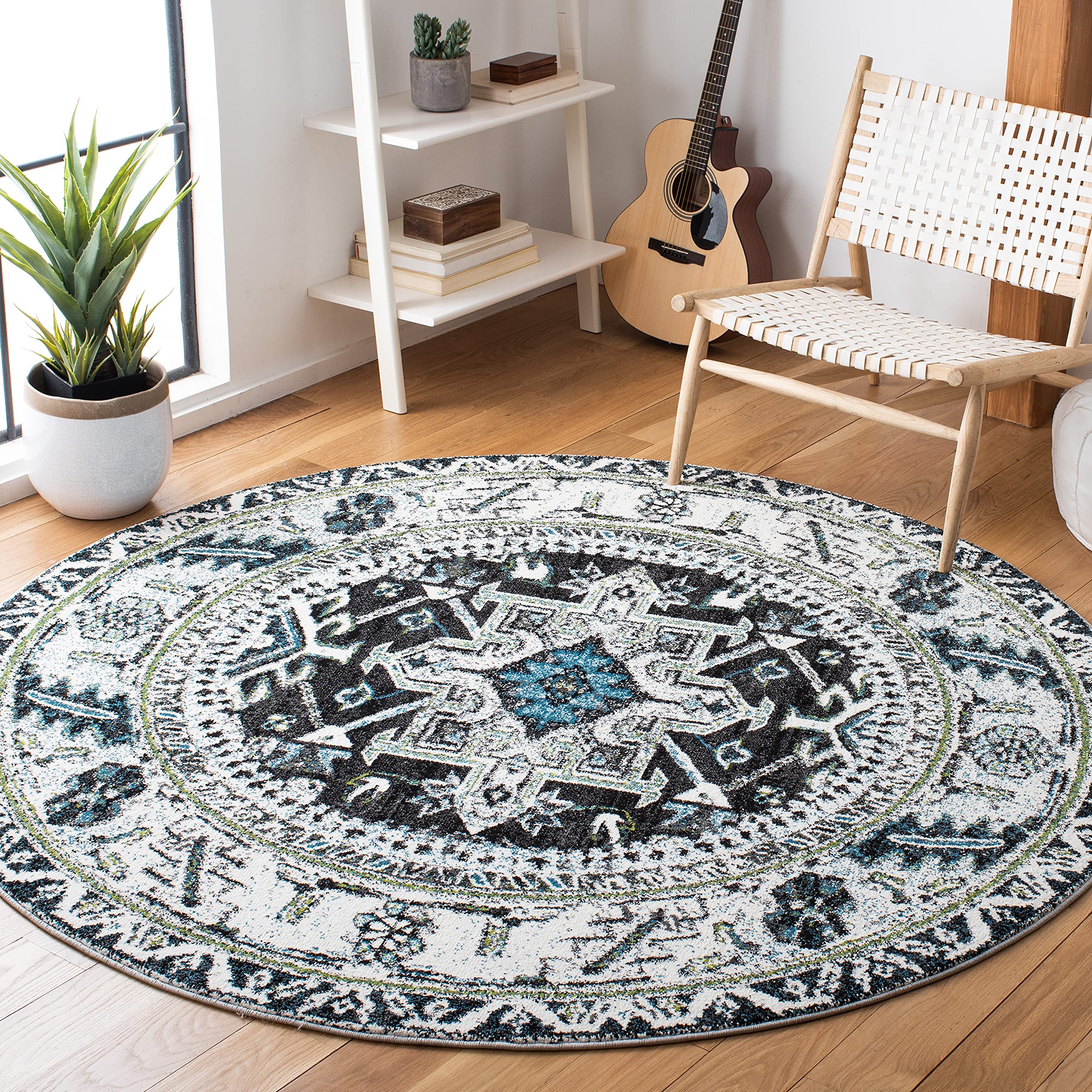 SAFAVIEH Vintage Hamadan Collection Area Rug - 6'7" Round, Dark Grey & Ivory, Traditional Persian Design, Non-Shedding & Easy to Clean, Ideal for
