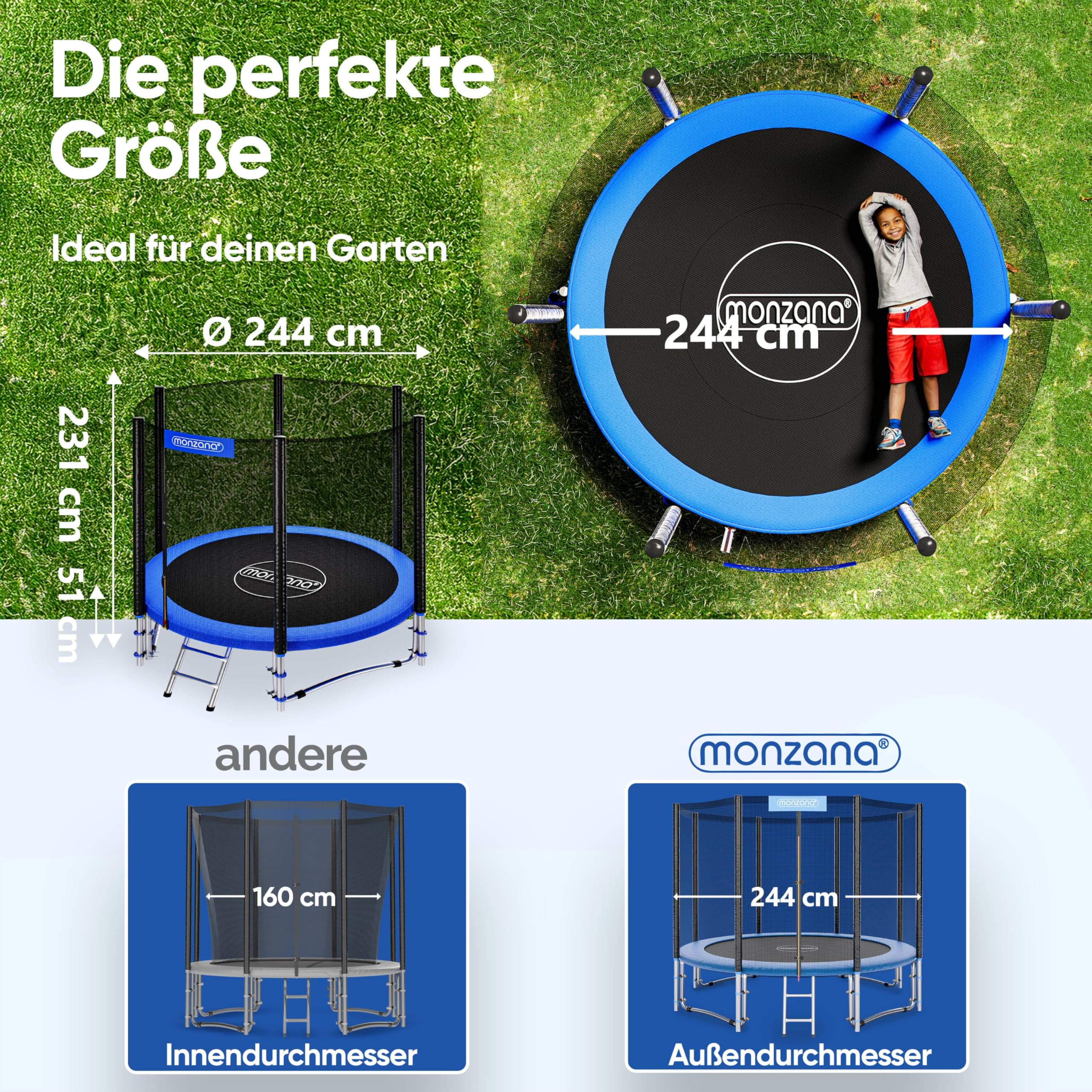 Monzana Trampoline certifié TÜV SÜD GS Set Complet Filet de sécurité Échelle Protection des Bords Extérieur Enfants