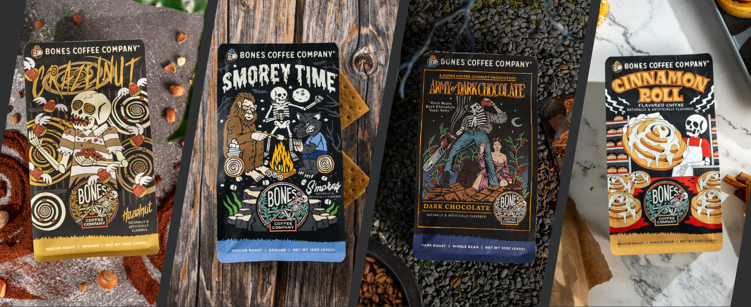 Bones Coffee Company NEW Favorite Flavors Sample Pack, Assorted Flavored Coffee Low Acid Medium Roast Arabica Beans Specialty Coffee Gifts, Auto Drip and French Press Compatible, 4 oz Pack of 5 Ground