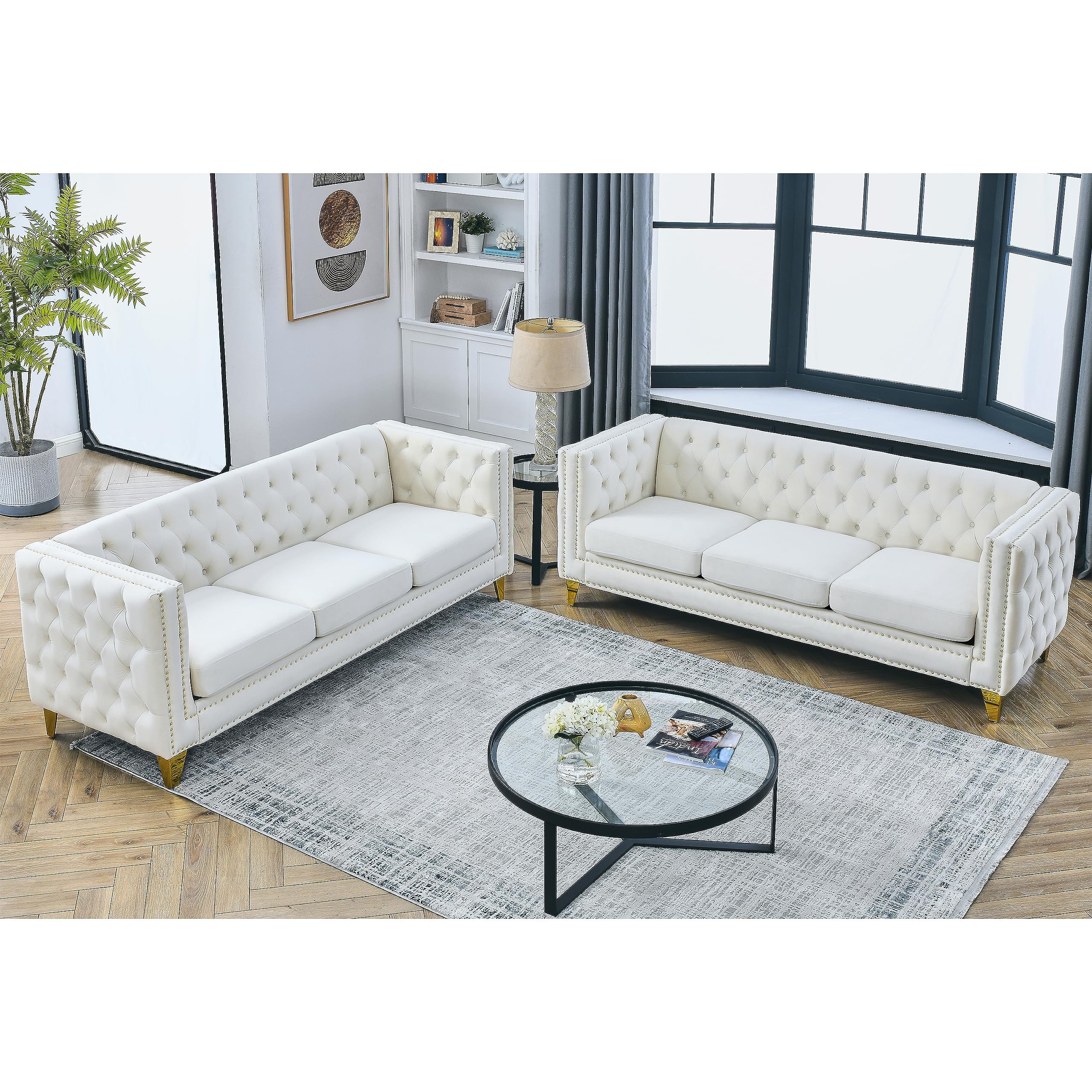 KEIKI Tufted Velvet 3 3 Seat Sofa Couch for Living Room Buttons Tufted Square Arm Couch for Home