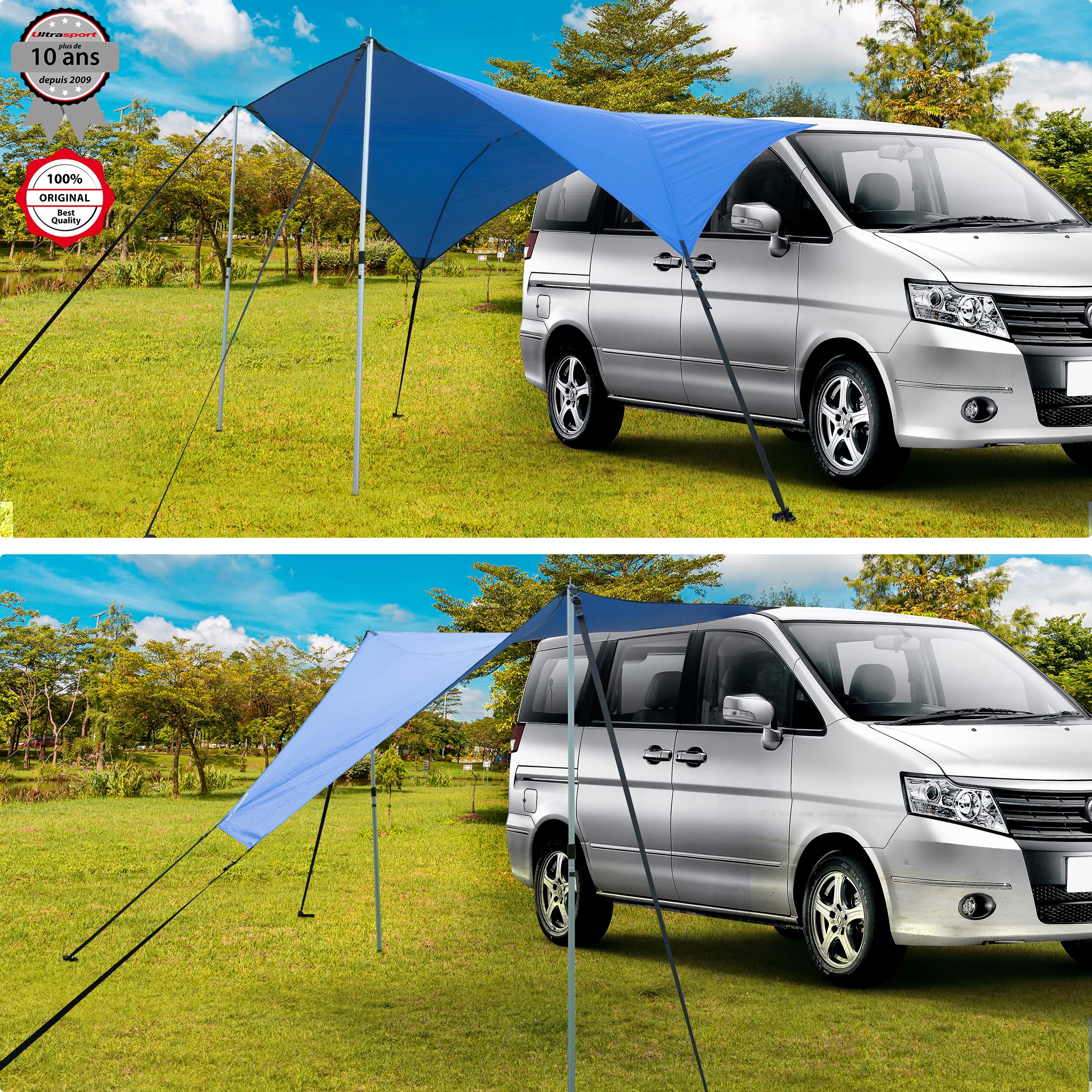 Ultrasport Auvent de voiture, convient aux voitures, aux fourgons et aux bus de camping, protège du soleil et de la pluie,matériau durable et robuste,ventouses intégrées ainsi que des chevilles,Bleu