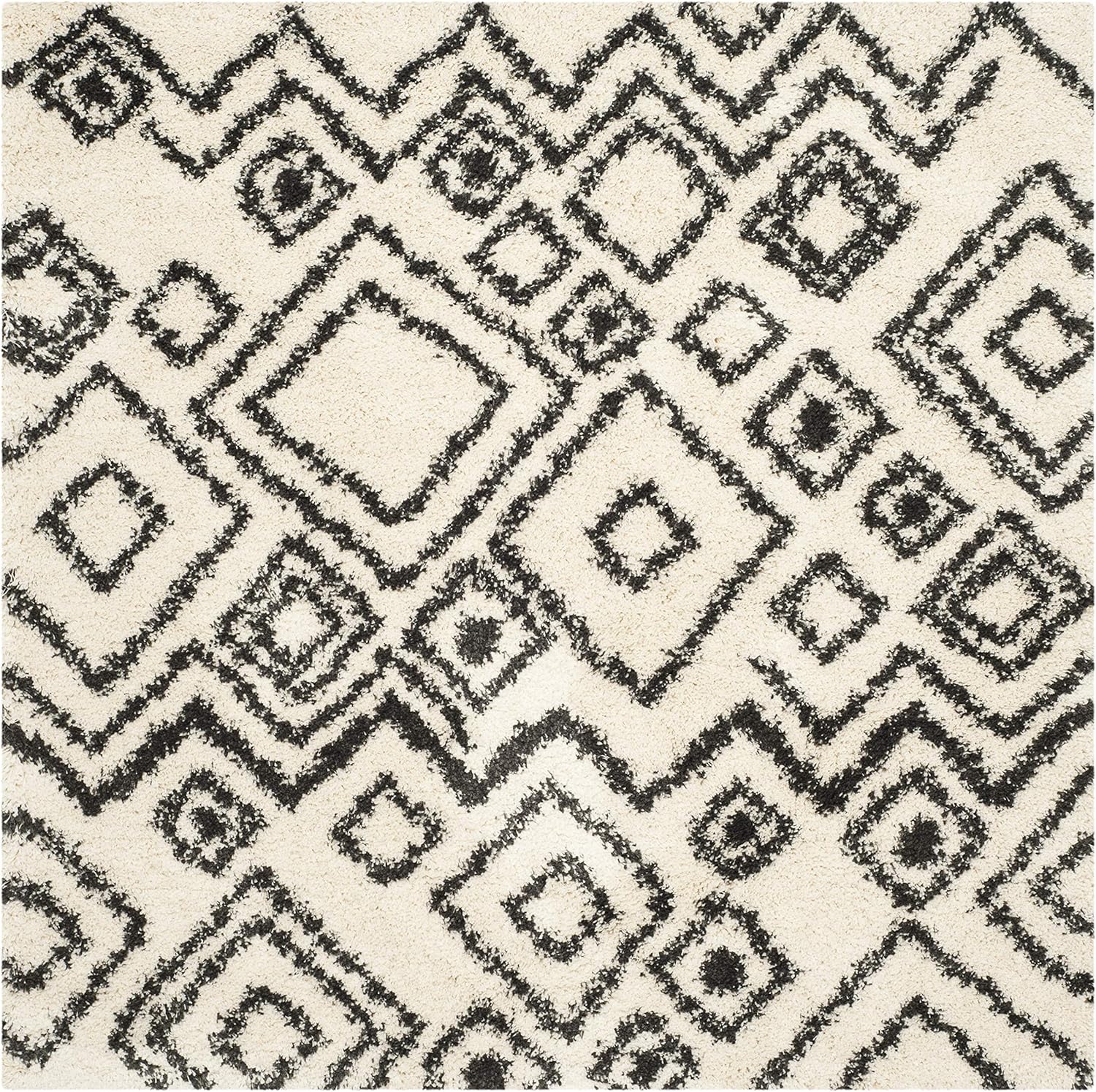 SAFAVIEH Belize Shag Collection Area Rug - 6'7" Square, Ivory & Charcoal, Boho Tribal Design, Non-Shedding & Easy Care, 2-inch Thick Ideal for High Traffic Areas in Living Room, Bedroom (SGB488B)