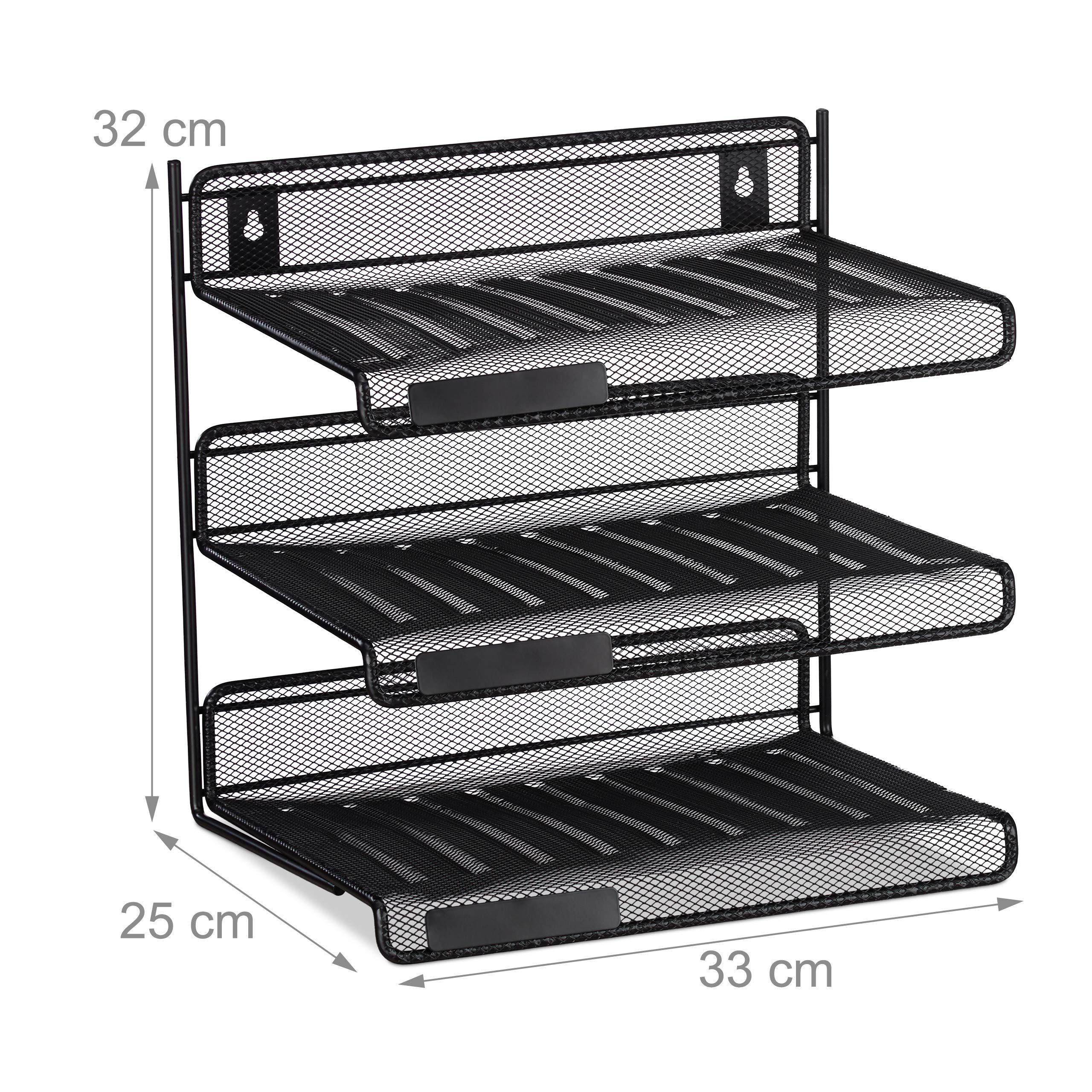 4x Portalettere in Metallo, 3 Scomparti con Incavo per Targhette Identificative, per Ufficio, HLP: 32 x 33 x 25 cm, Nero
