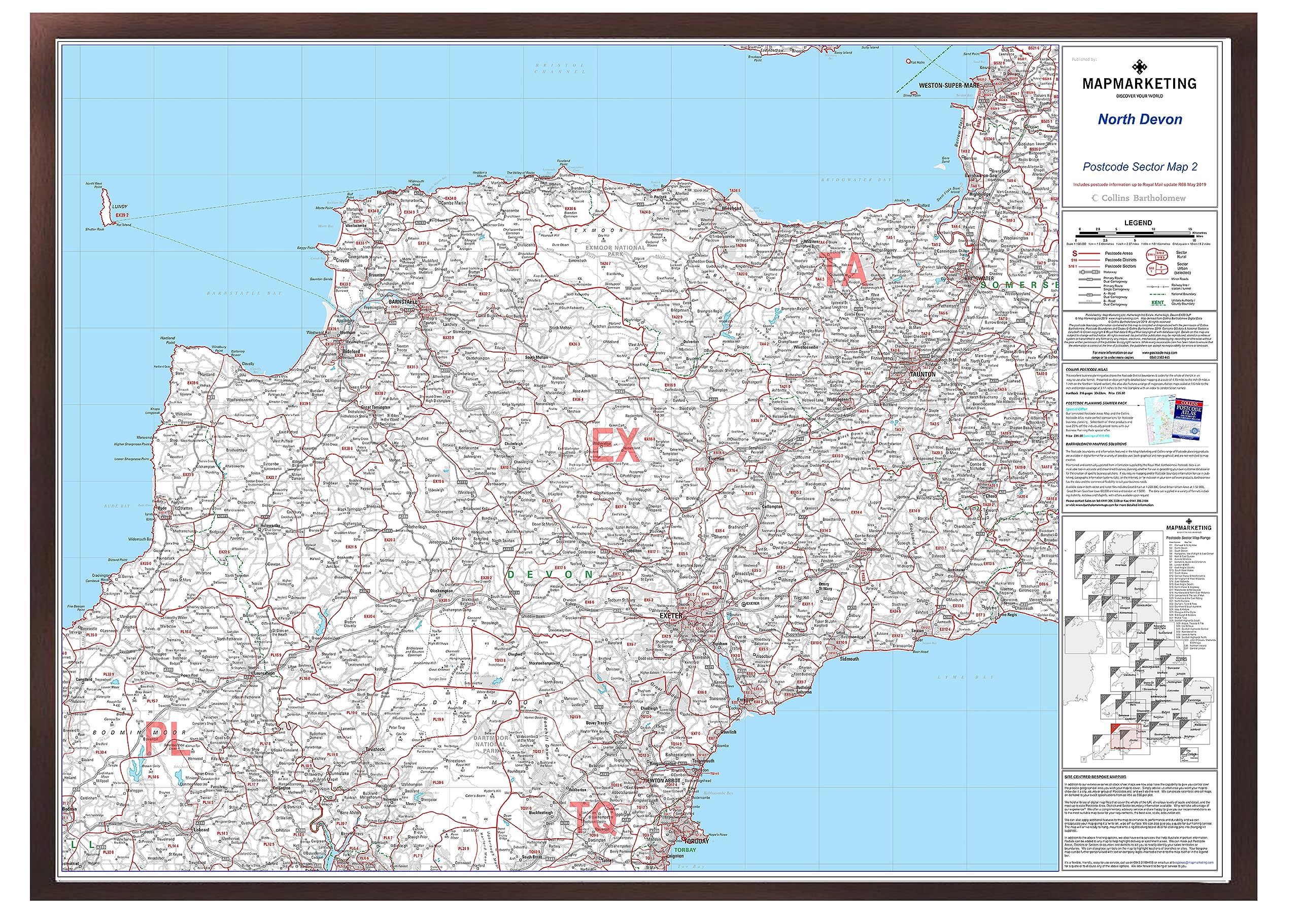 North Devon Postcode Sector Wall Map- Postcode Sector Map 2 - Laminated Wall Map With Motorway, A' Roads, B' Roads, City Plans, Area, District, Sectors