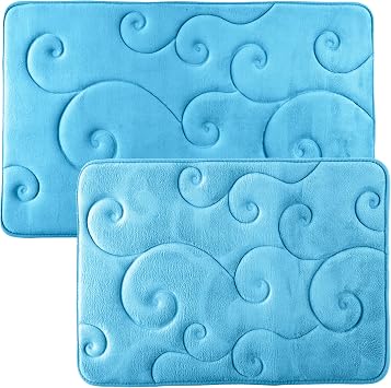 2 pc Memory Foam Bath Mat Set by Bedford Home - Coral Fleece Embossed Pattern - Blue