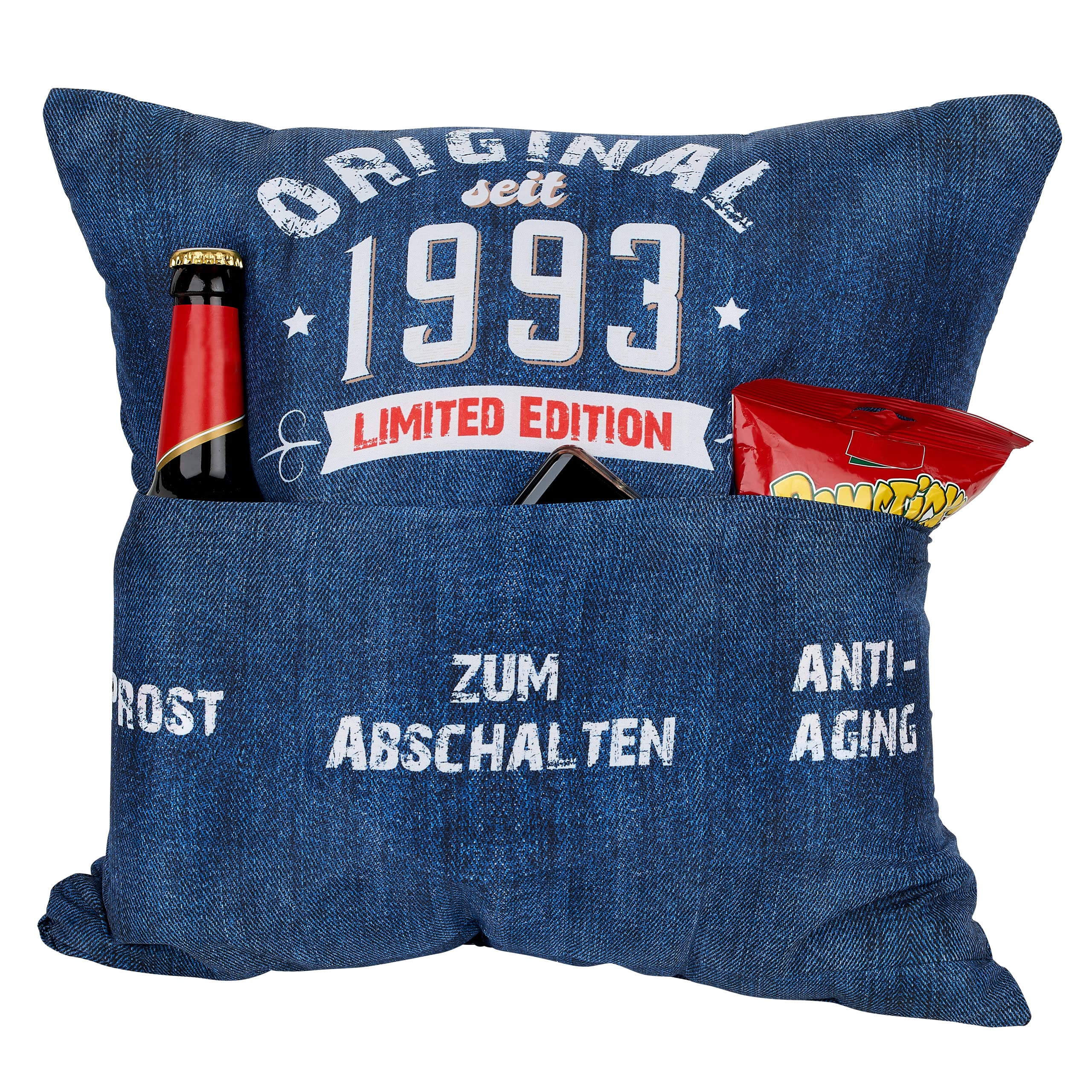 KAMACA Originelles Dekokissen Kissen mit 3 Taschen zum selbst Befüllen und Spruch Größe 43x43 cm tolles Geschenk für Anlässe wie z.B. Geburtstag