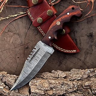RA-9110 Handmade Damascus steel Hunting Knife With Leather Sheath, 10 inch Fixed Blade Tactical Survivall Knife, Horizontal Carry knife Skinning Camp Knives For men, Perfect Grip Rose wood Handle - RANDY KNIVES