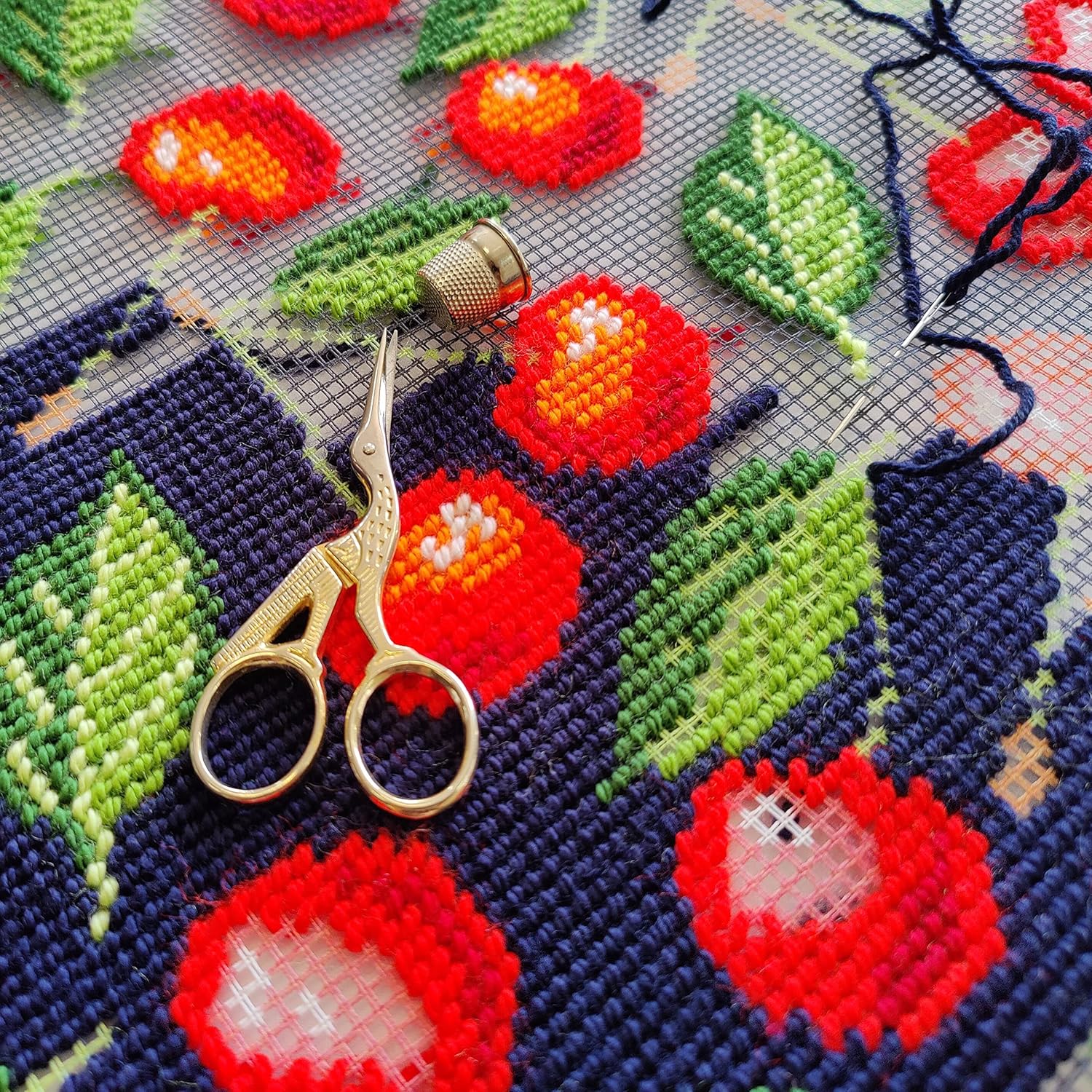 Brvsk Summer Embroidery Kit for Adults and Beginners — Cherries 16″ × 16″ with Clear, Precise Printed Design on Cotton Canvas; Includes 2 Needles, Yarn, and Easy-Read Chart