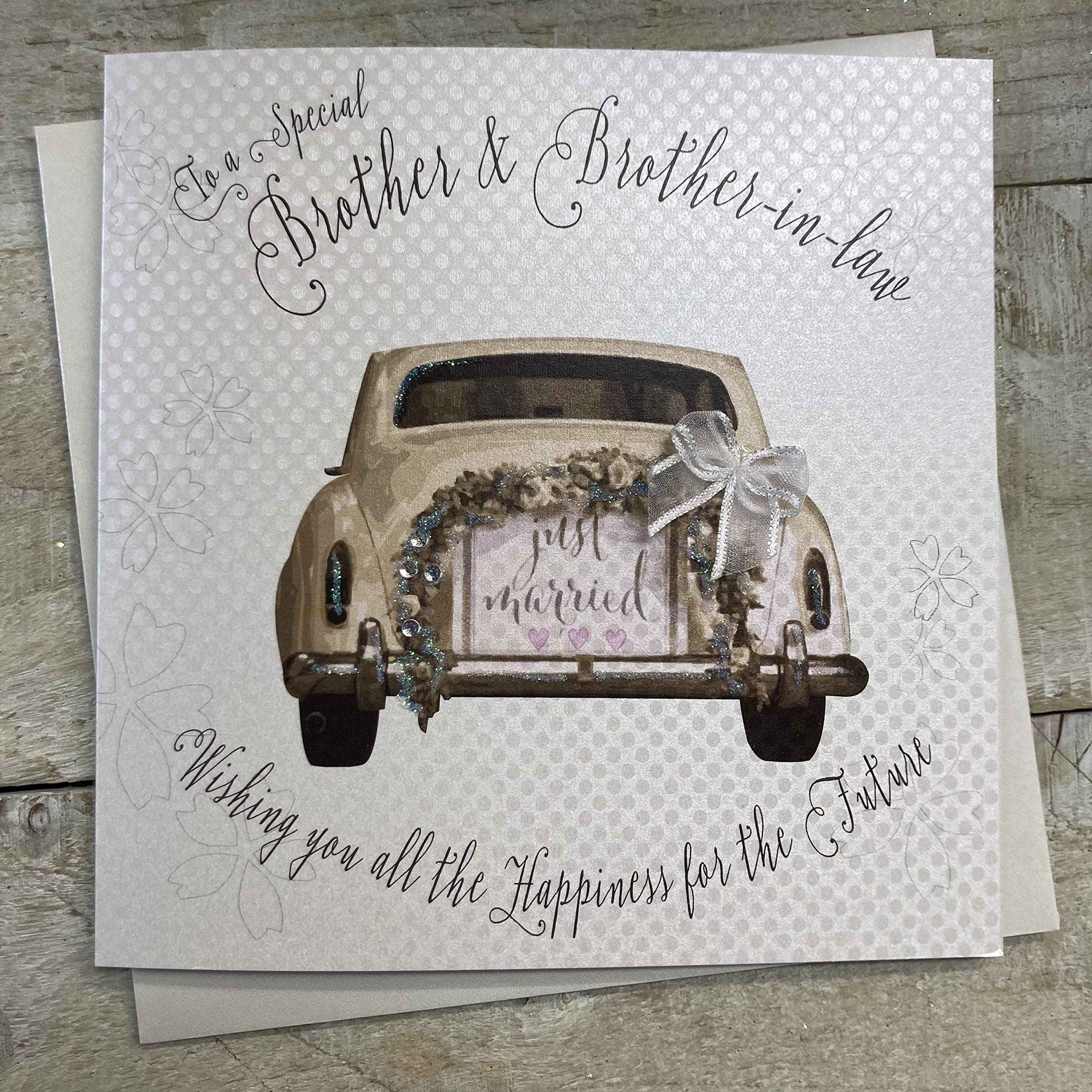 WHITE COTTON CARDS Brother and Brother-in-Law Handmade Wedding Card with Civil Partnership Vintage Car PD172 NEW