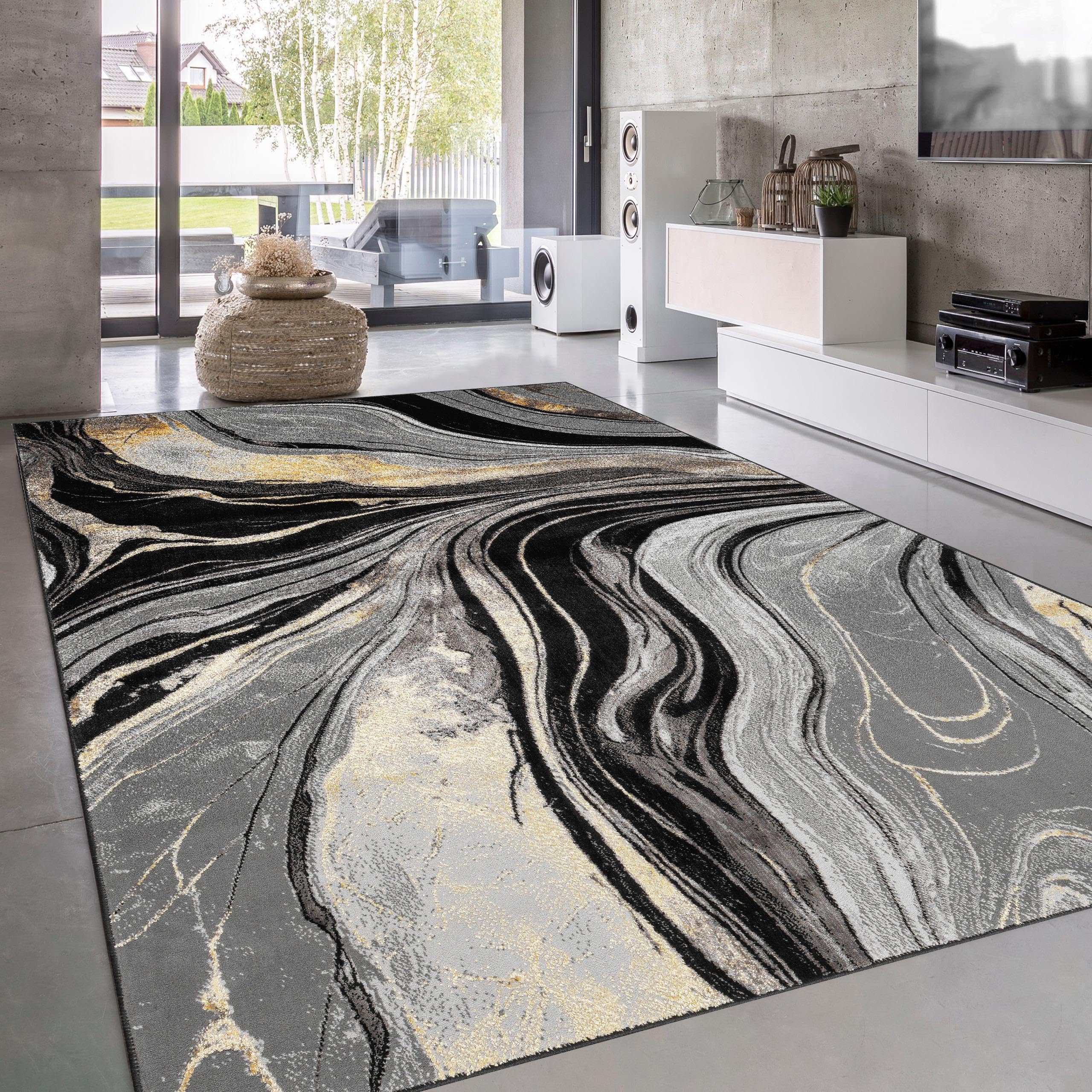 Abstract Marble Effect Area Rug Swirl Pattern Living Room Bedroom Floor Mats Door Mats (Ochre, 80 x 150 cm)