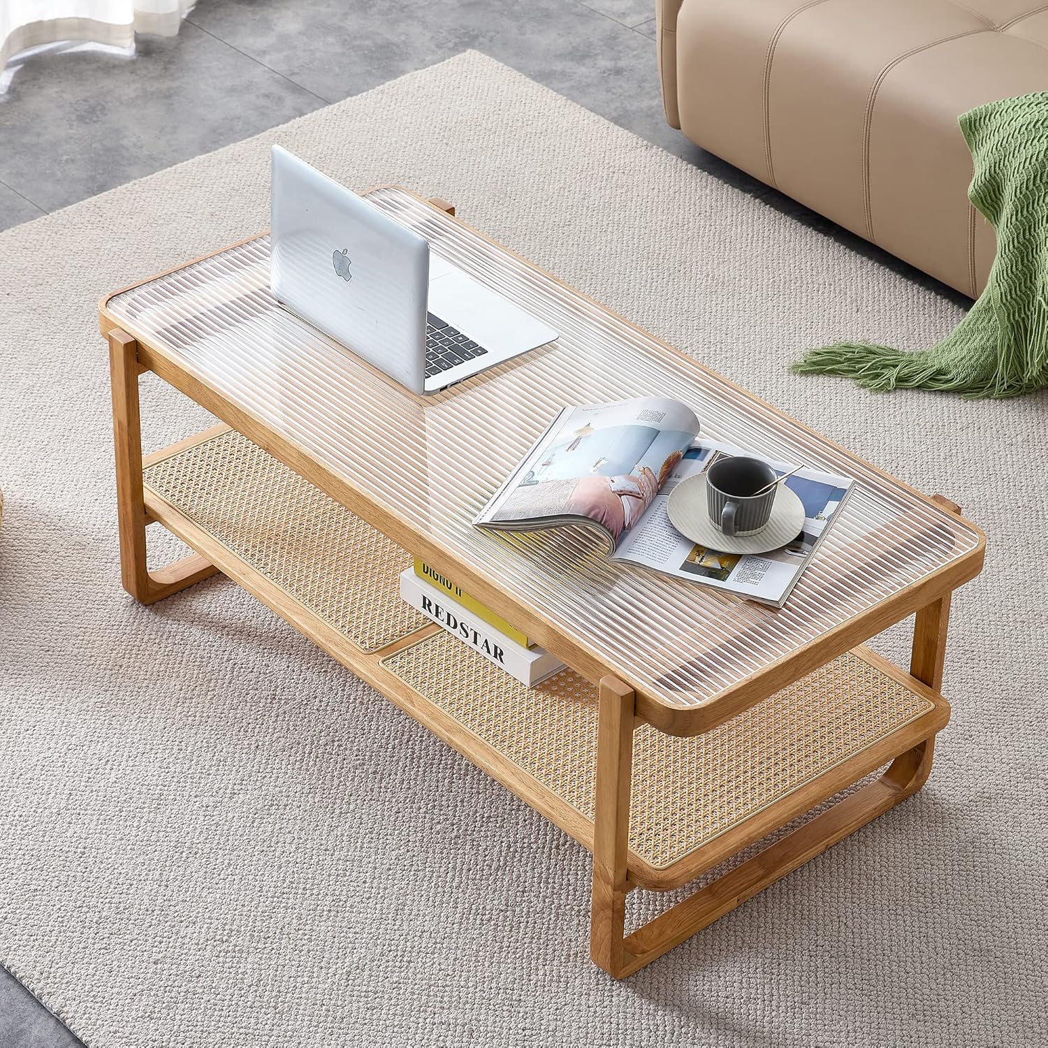 Modern Rectangle Rattan Coffee Table Glass Desktop Double