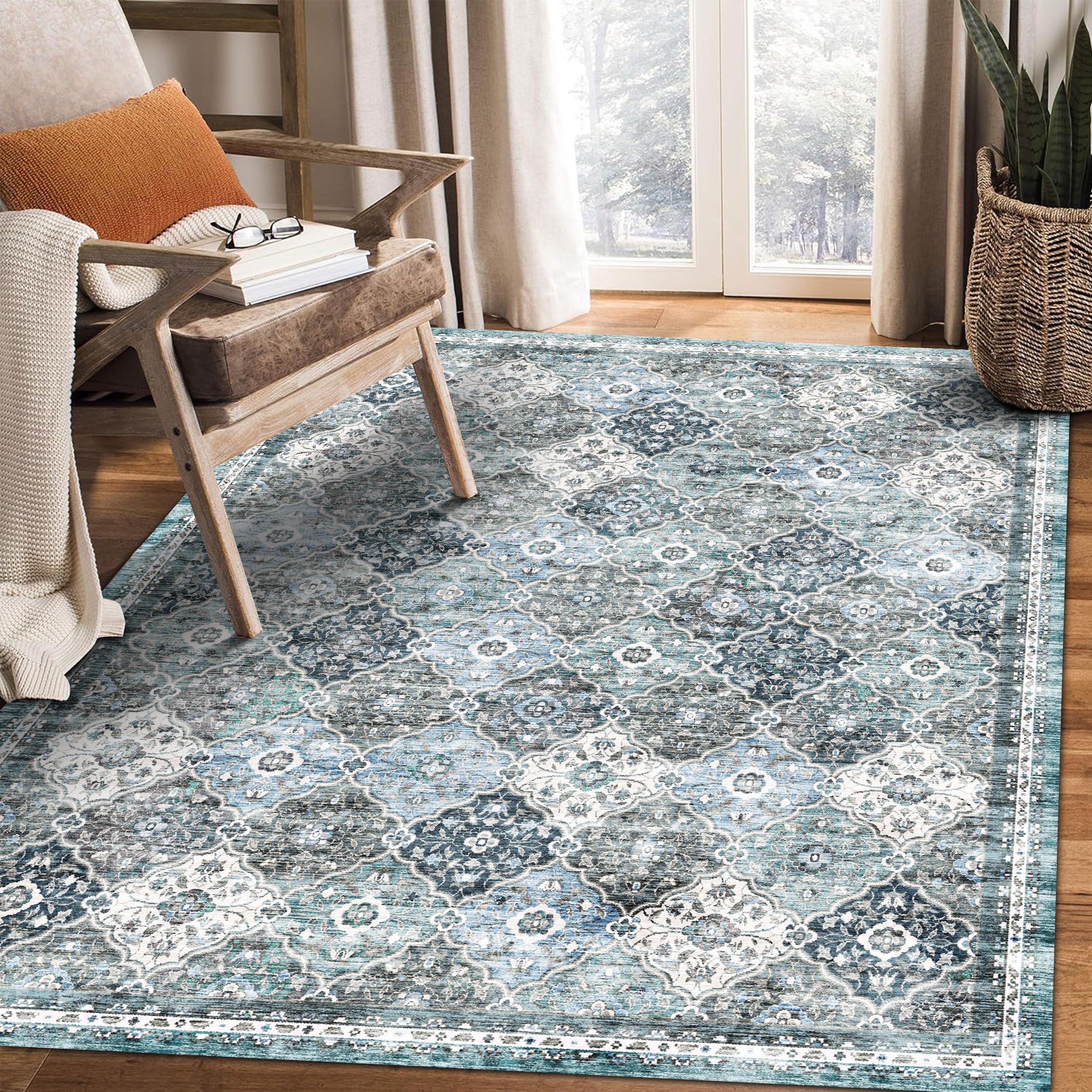 8' x 10' Washable Area Rug - Low Pile Soft Vintage Indoor Rug for Living, Dining or Bedroom - Lightweight Carpet with Non-Slip Backing - Foldable for Easy Placement, Ocean Blue