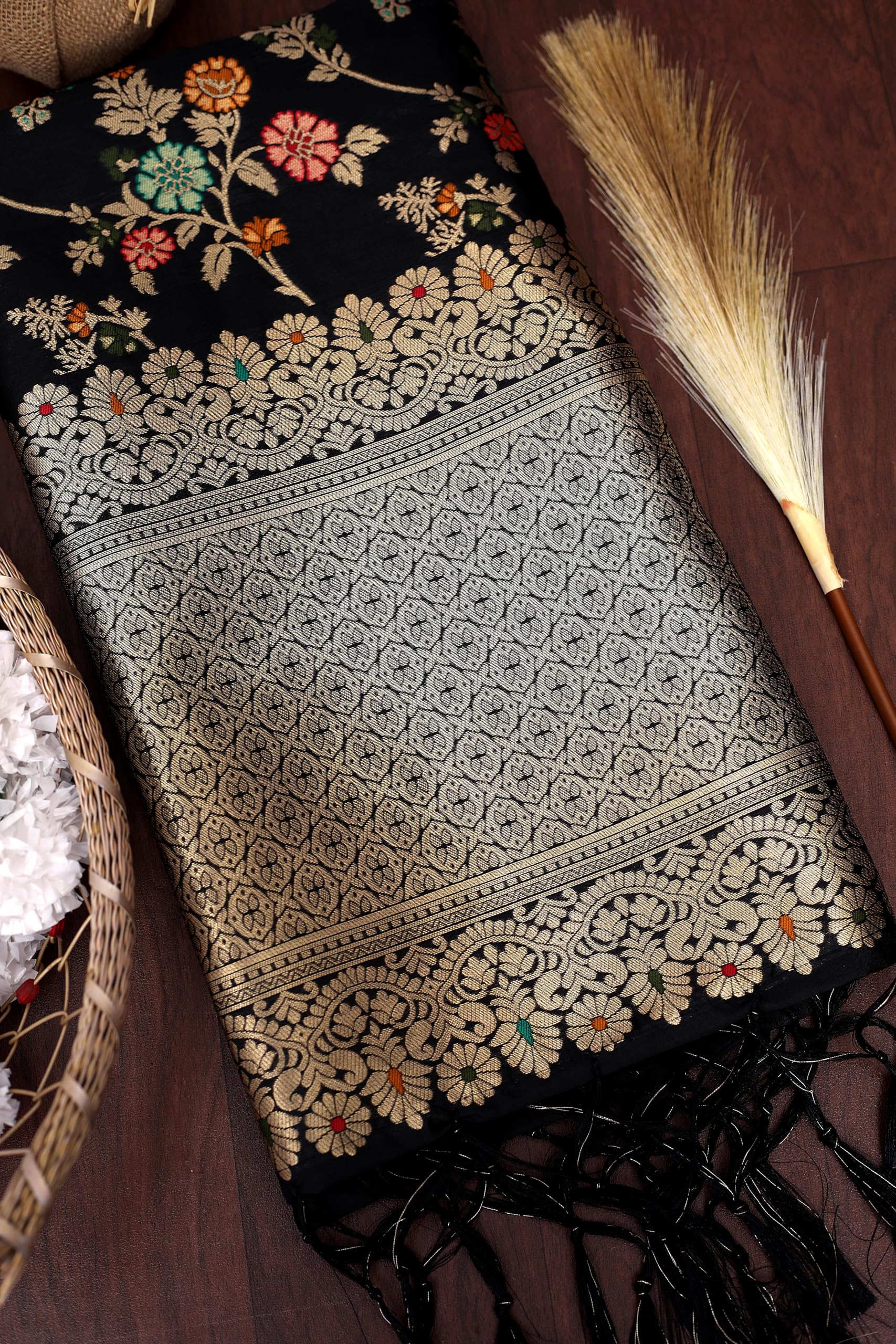 DEVANGI Women's Woven Design Jacquard Banarasi Silk Printed Dupatta/Chunni with Meena Work For Girls, Width 1 Meter, Length 2.5 Meter (OM-DT-24-BLACK-F) 4