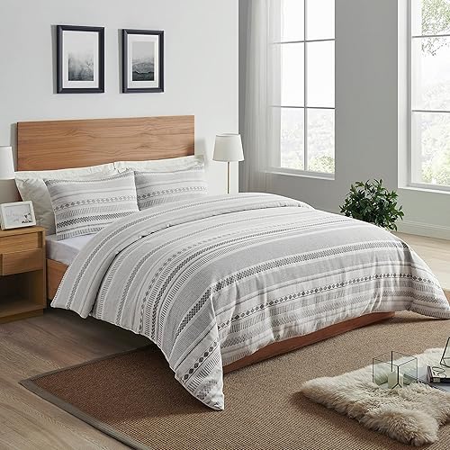 Miniatura 2 de Sweet JoJo Designs - Juego de cama de 3 piezas con diseño bohemio de algodón negro y gris diseño de jacquard moderno funda de edredón y funda de