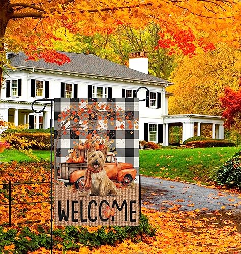 Miniatura 3 de Banderas de jardín de otoño para perros de bienvenida para exteriores, 12 x 18 pulgadas, pequeño, de doble cara, de arpillera, color rojo, de