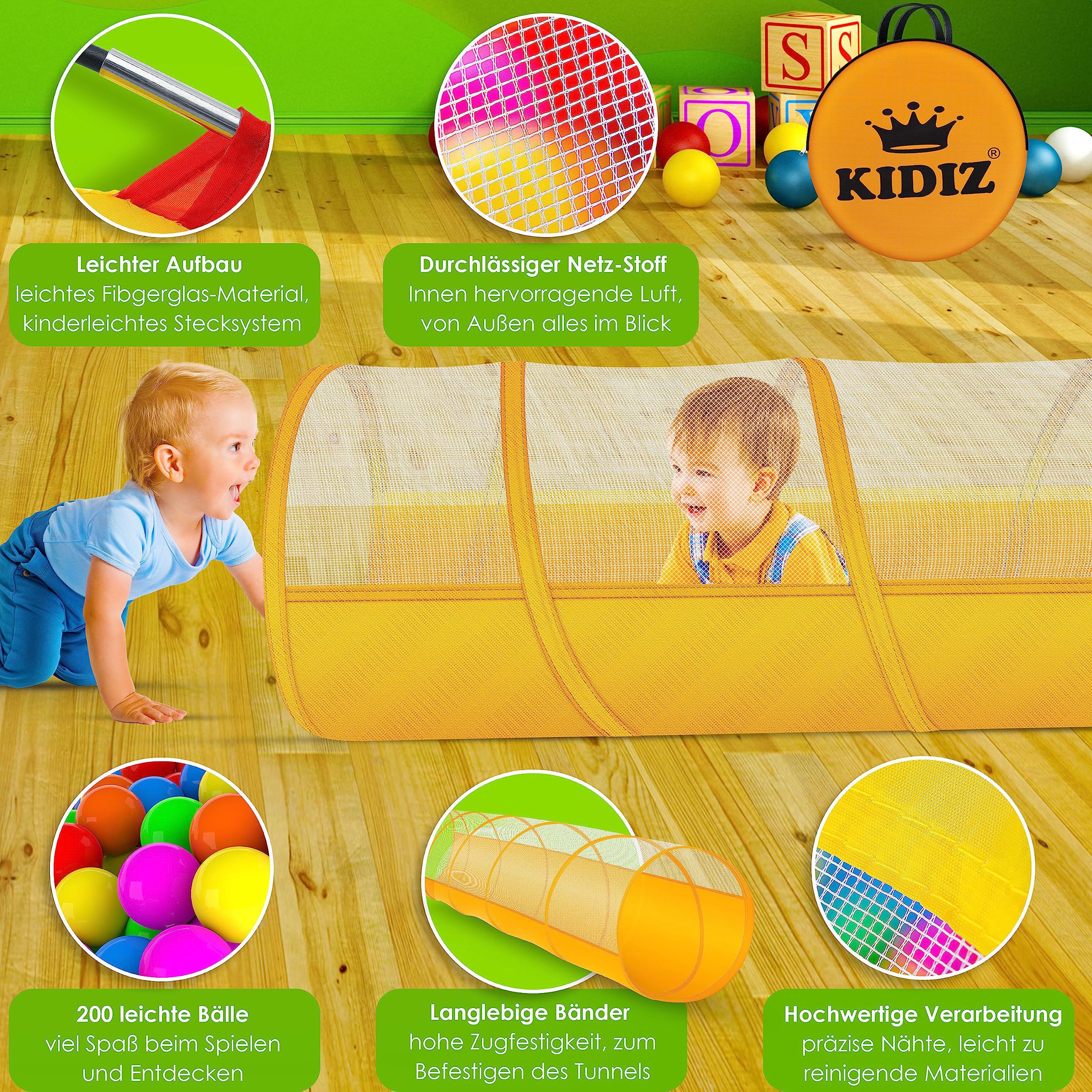 KIDIZ® Tenda da gioco per bambini, 200 palline, ideale per la casa e il giardino, borsa | tunnel | XXL