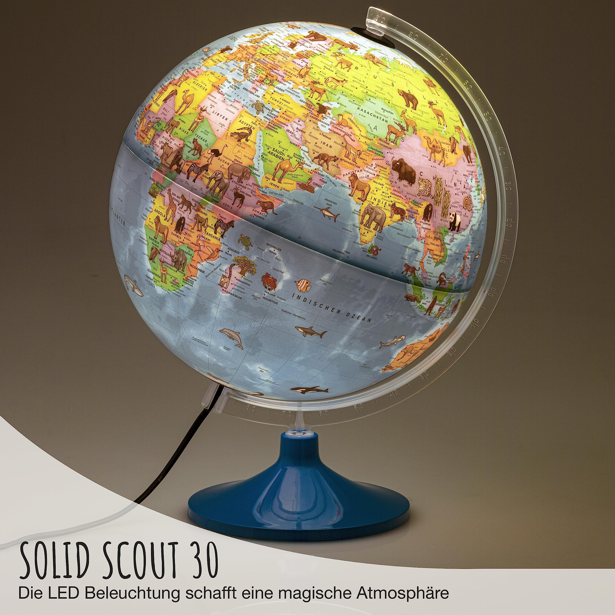 Solid Scout 30 - Kinder-Globus - beleuchteter 30cm Globus mit stabilem, drehbarem Standfuß, deutsches Kartenbild mit vielen Abbildungen für Kinder und Jugendliche, LED