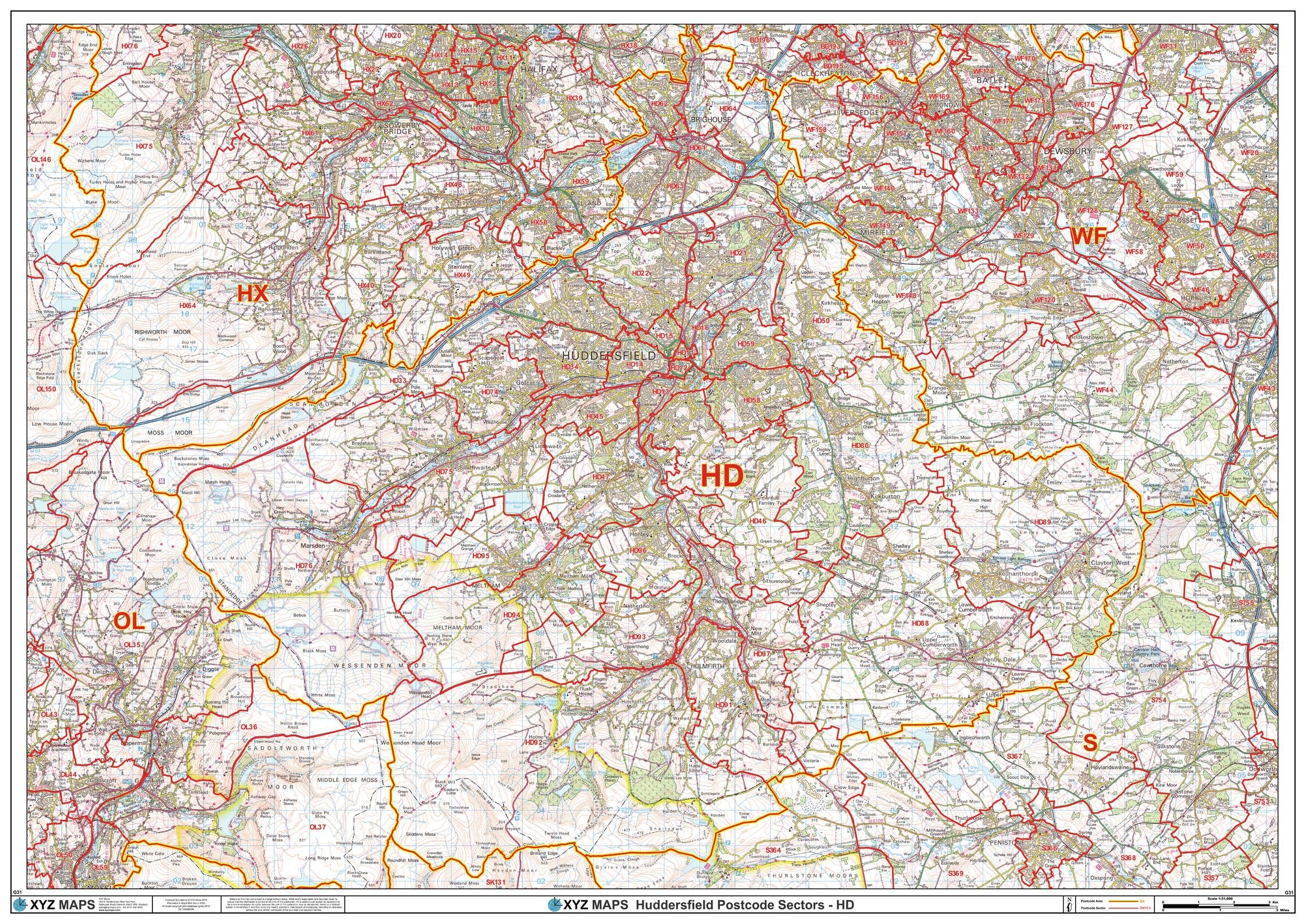 Huddersfield - HD - Postcode Wall Map - 47" x 33.25" Rolled Canvas