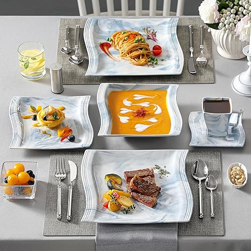 Miniatura 3 de MALACASA Juego de vajilla para 6, juegos de platos y cuencos de porcelana de 30 piezas, juego de platos cuadrados con plato llano y cuenco, taza y