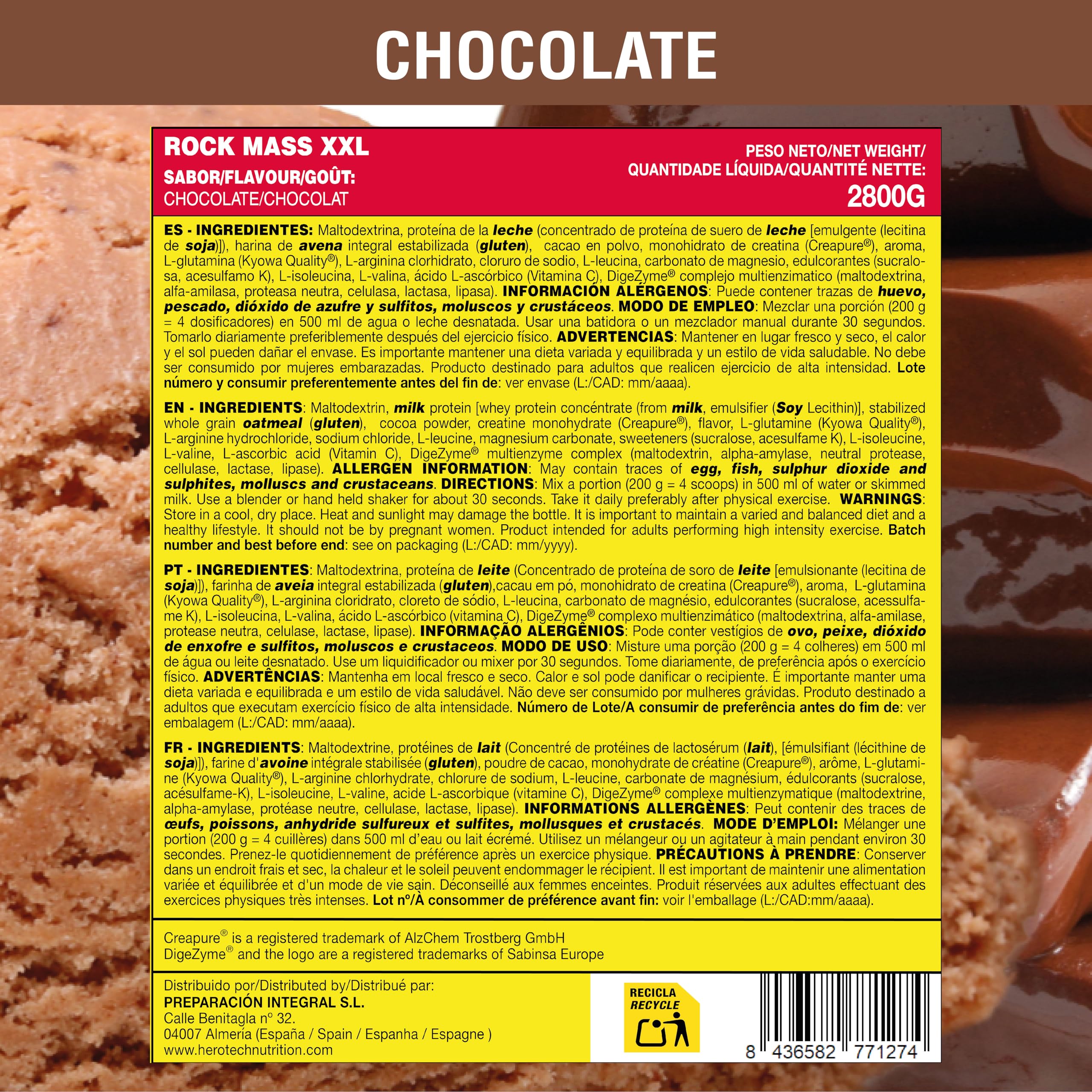 HERO TECH | ROCK MASS XXL 2800 Gr | Suplemento con Hidratos de Carbono y Proteína para Ganar Masa Muscular | Con Creatina, BCAA, Glutamina, Arginina, Vitamina C | Sin OGM (2.800 gr, Chocolate)