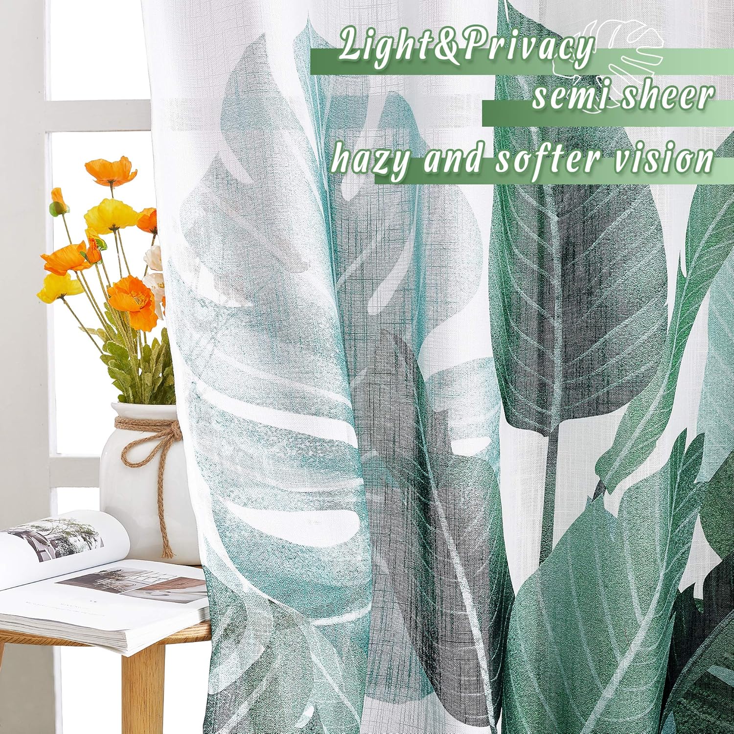 KGORGE Crossweave Sheer Curtains - Tropical Leaves Window Curtains for Bedroom Natural Pattern on White Sheer Backdrops for Dining Room Bathroom Sliding Door, W 50 x L 95 inch, 2 Pcs