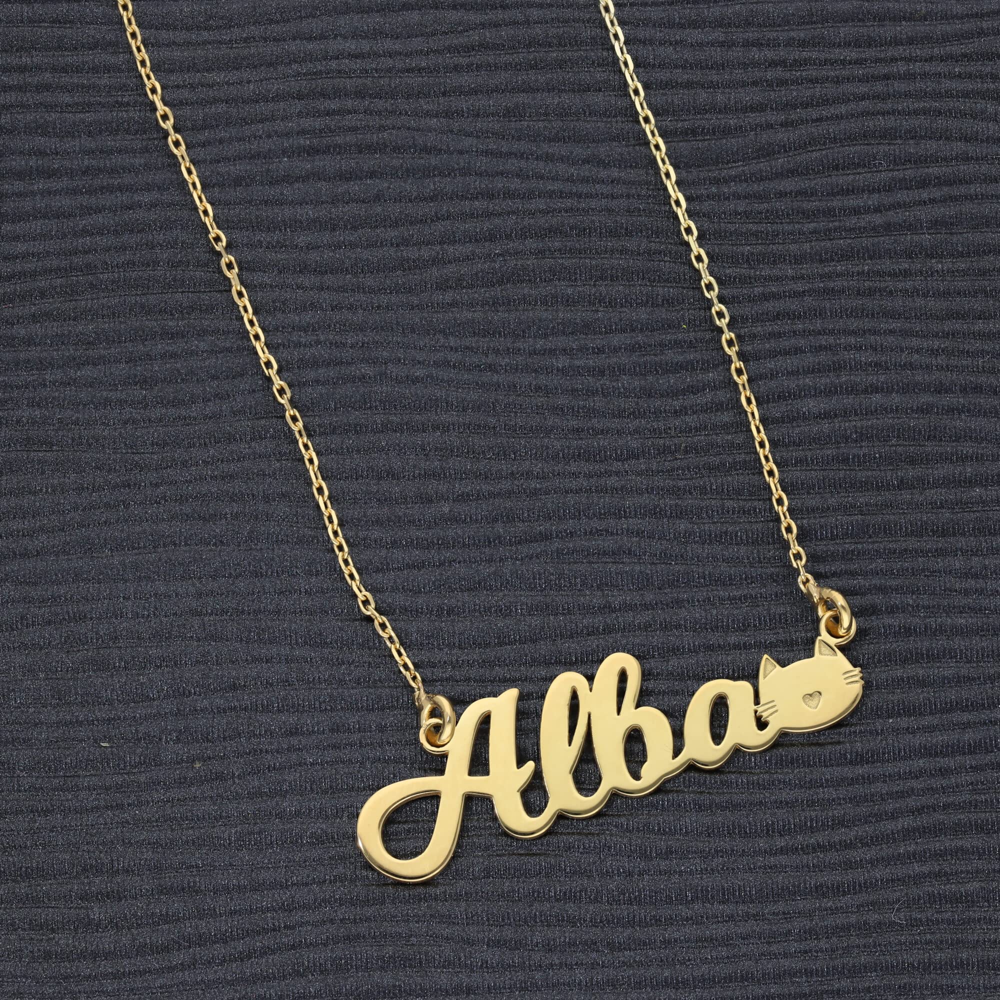 Colgante Personalizado con Nombre - Plata de Ley 925/1000 para Mujer – Collar Artesanal con Cadena Ajustable - Hecho en España (Modelo Cat Oro, Plata de Ley)