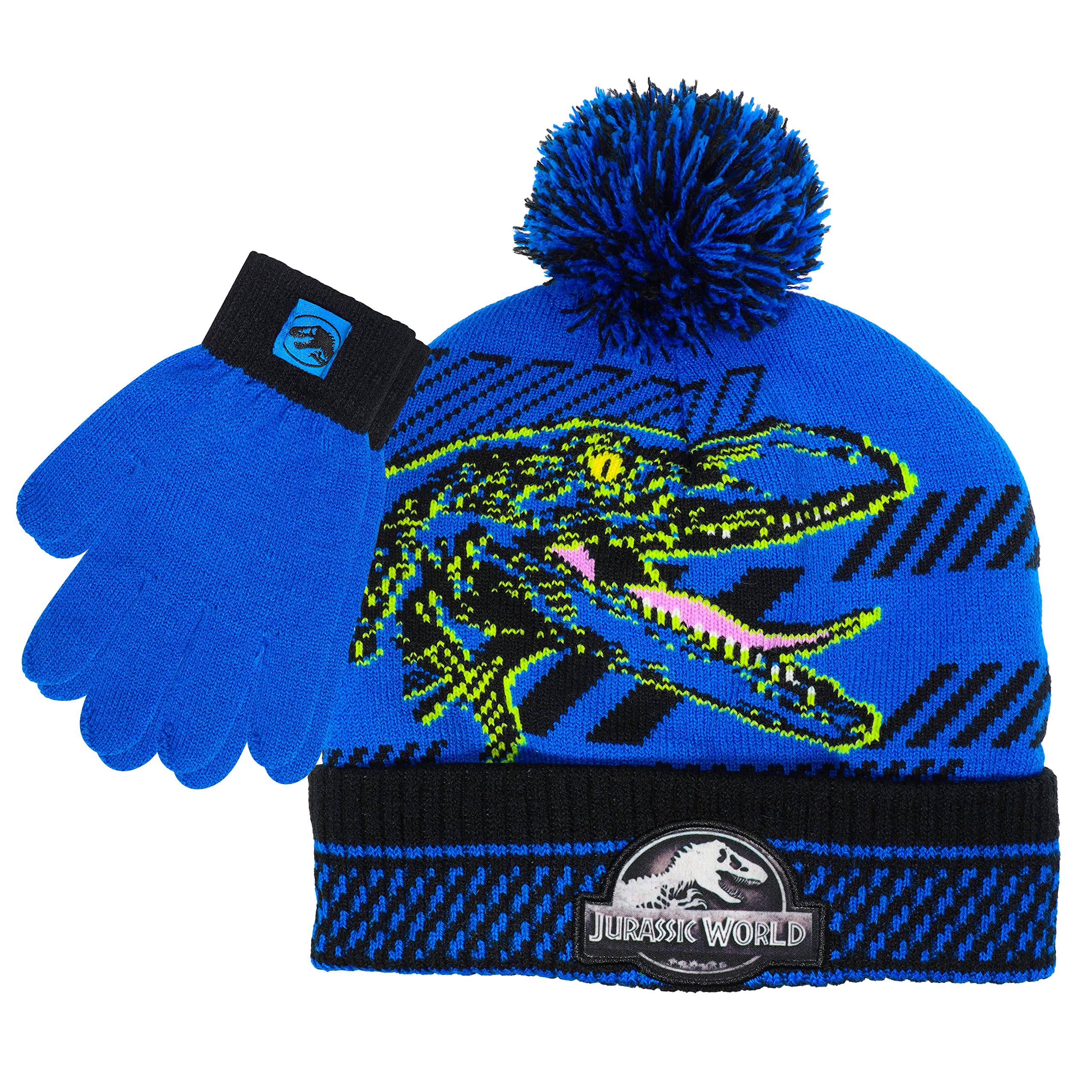 Accessory SupplyJurassic Park Winter Hat and Snow Gloves for Boys and Toddlers, 2 Pc. Set, Pom-Pom Beanie with Blue Velociraptor