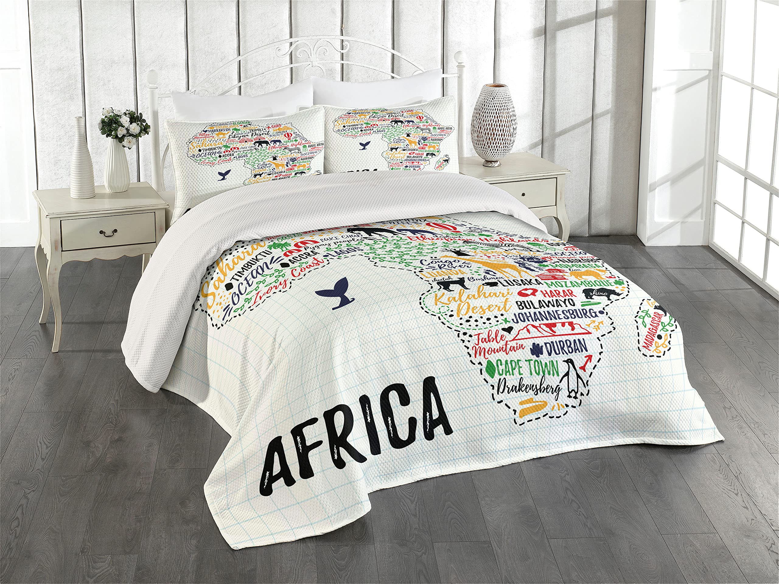 Ambesonne Saying Coverlet, Colorful Lettering of Countries in Continent with Animals Art Print, 3 Piece Decorative Quilted Bedspread Set with 2 Pillow Shams, Queen Size, White Orange
