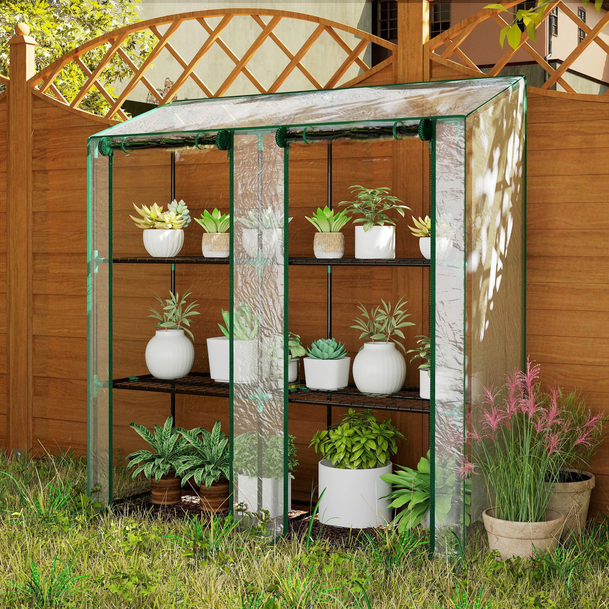 Outsunny Serra da Giardino 143x46x151cm con Struttura in Acciaio e Copertura Plastica, 6 Mensole a Rete, 2 Porte Avvolgibili, Serra per Orto Addossata per Verdure Fiori, Trasparente