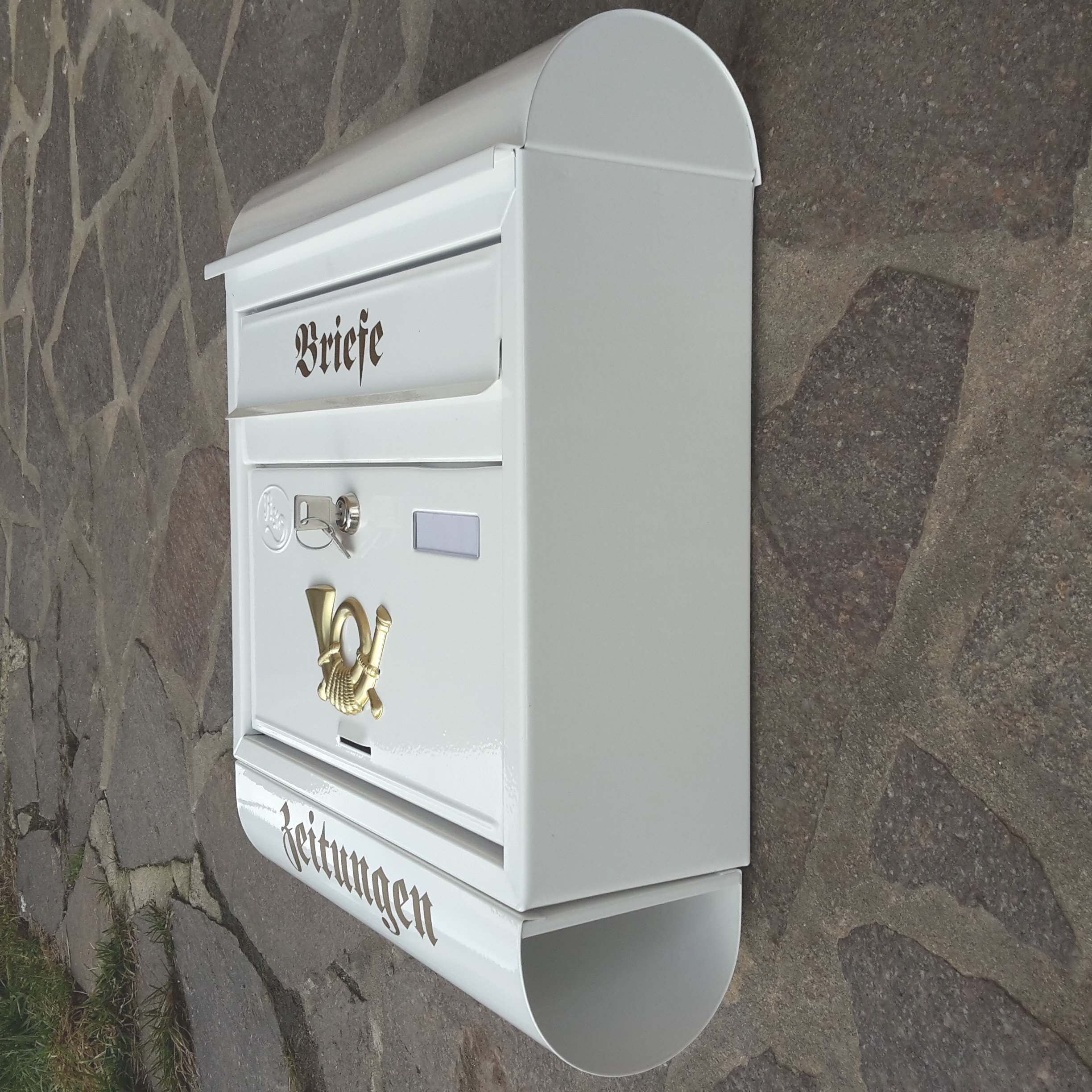 Stabiler Briefkasten, Modell Runddach Premium-Qualität, mit Schutzlackierung Verschiedene Modelle XXL Weiß mit Zeitungsrolle fertig montiert Postkasten Post (Runddach)